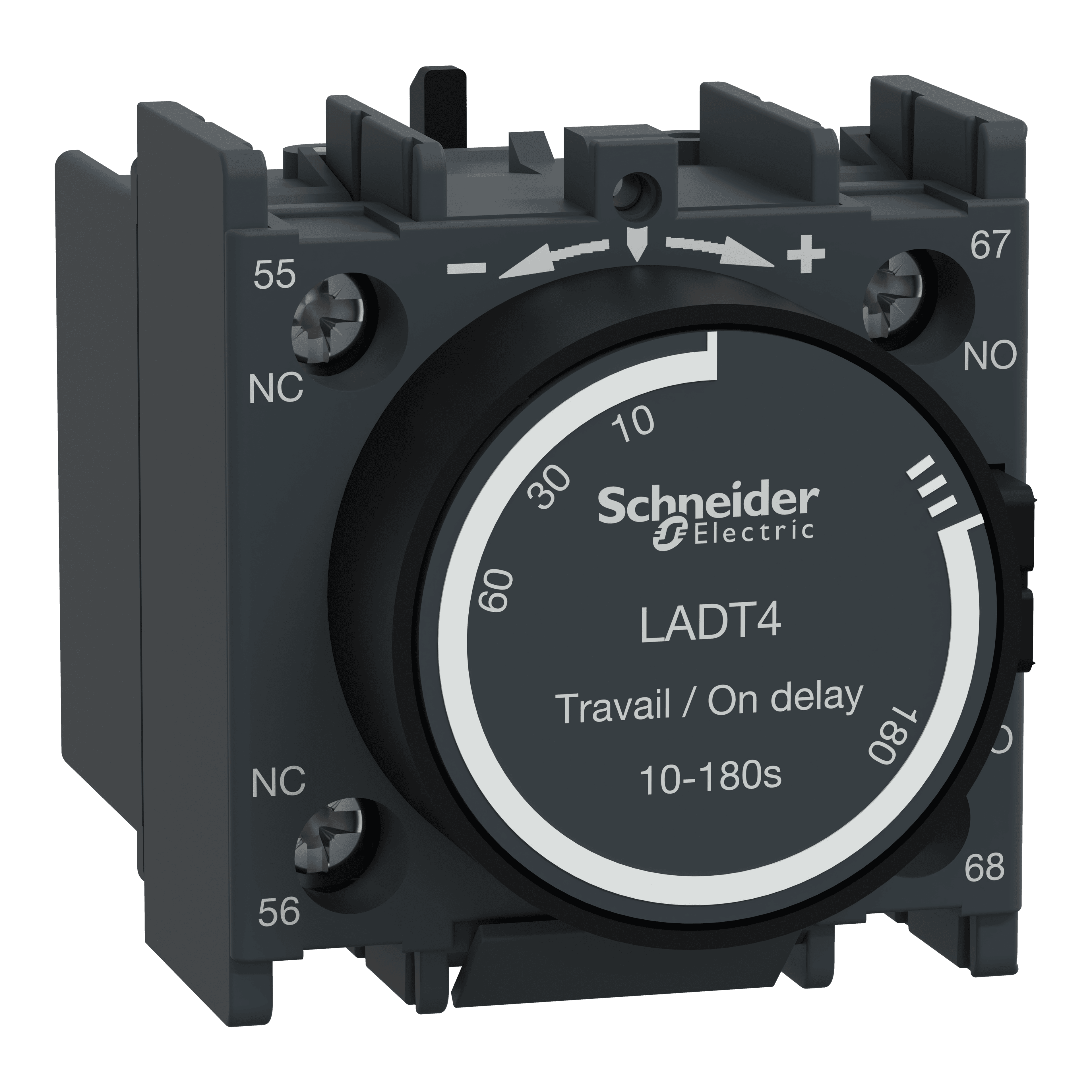 Time delay auxiliary contact block, TeSys Deca, 1NO+1NC, on delay 10-180s, front, screw clamp terminals