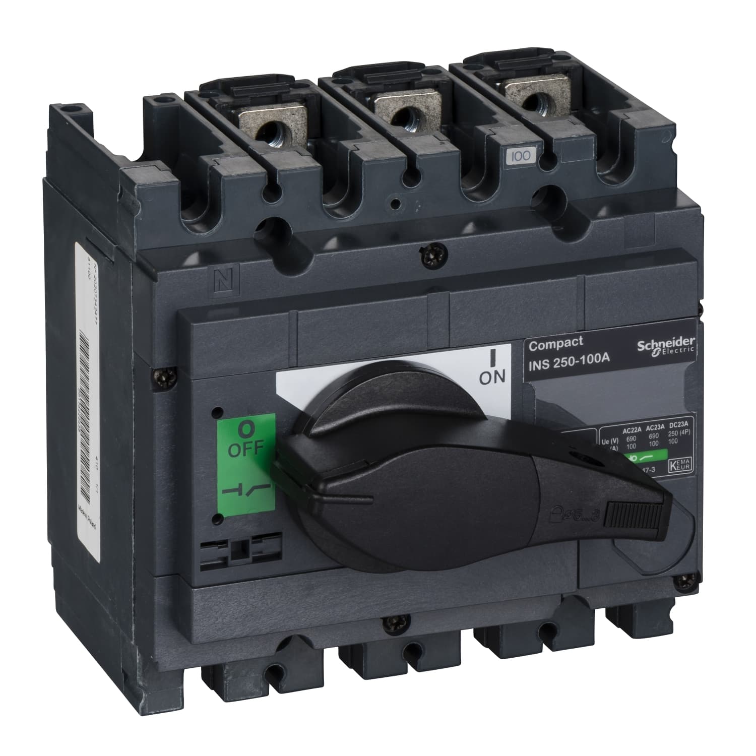 قاطع فصل، Compact INS250-100، 100A، الإصدار القياسي مع مقبض دوّار أسود، 3 أقطاب