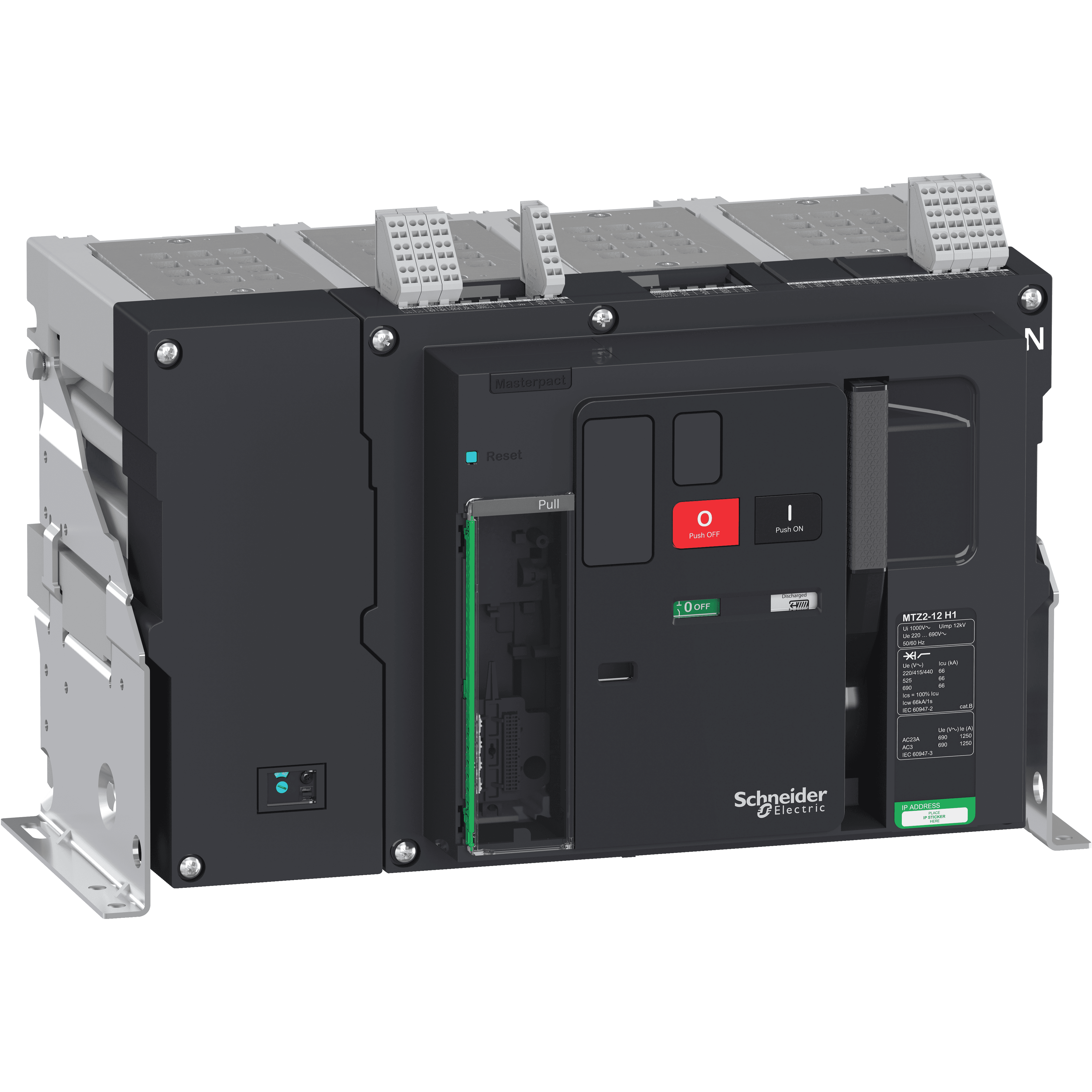 هيكل قاطع دائرة، MasterPact MTZ2 10H1 ثابت لـ MicroLogic X، 1000A، 66kA/415VAC (Icu)، 4P محايد يمين