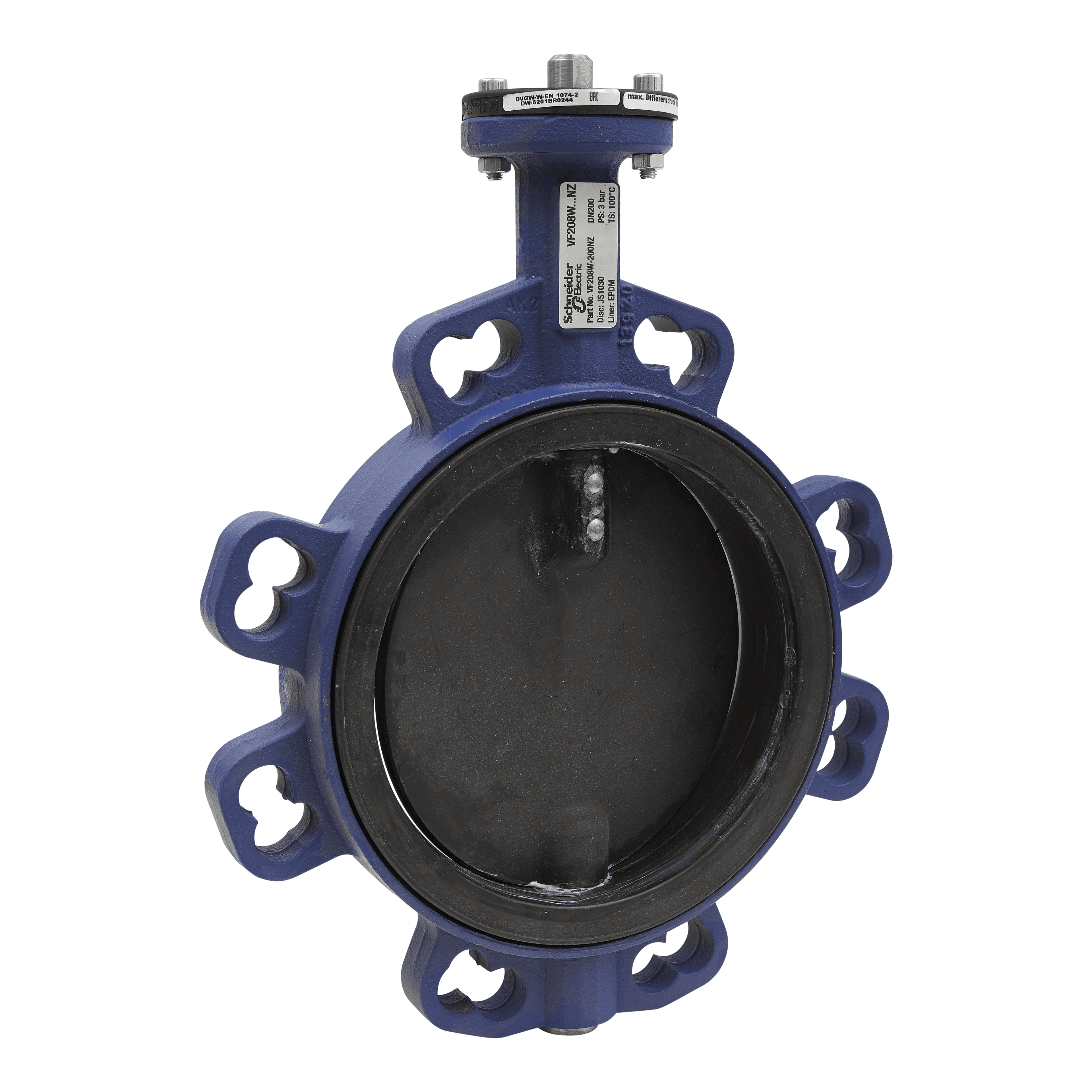صمّام فراشة VF208W، 2-Way، DN200، Wafer بشفة، Zinc Plated Disc، EPDM Liner، Kvs 3450 mÂ³/h، Max âˆ†P 300 kPa.