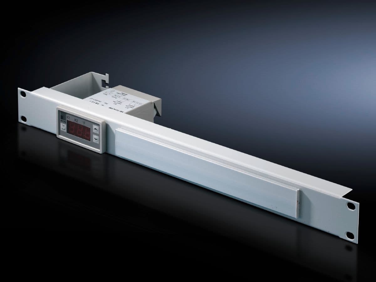 Digital enclosure internal temperature display and thermostat integrated into a patch panel 1 U