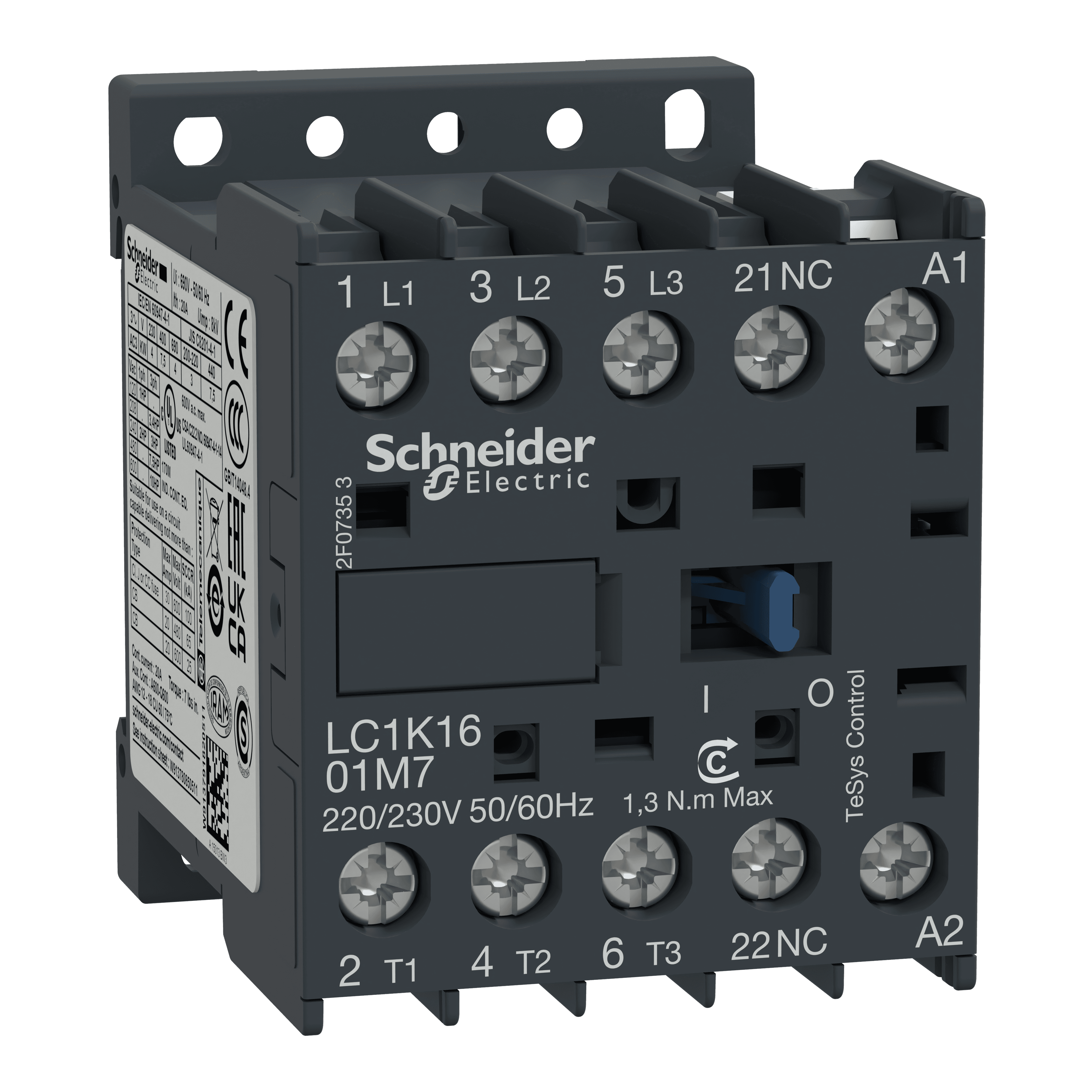 Contactor, TeSys K, 3P, AC-3/AC-3e,<=440V 16A, aux. 1NC, 220...230V AC coil