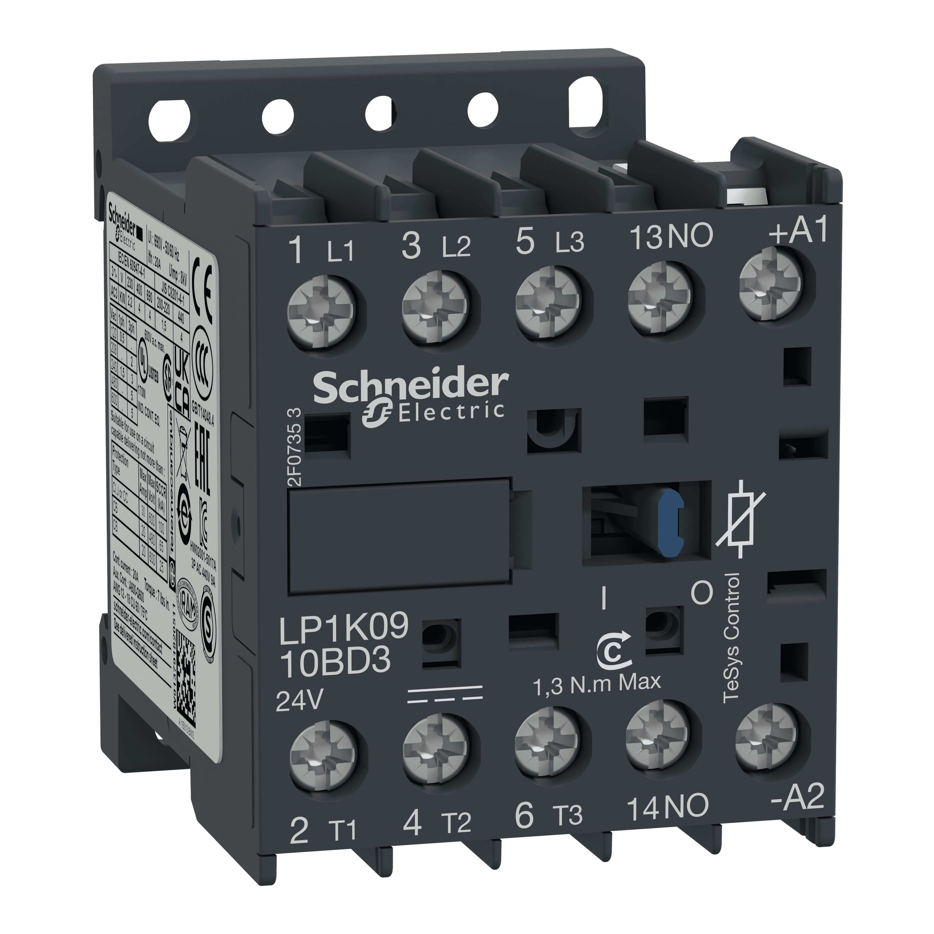كونتاكتور، TeSys K، 3P، AC-3/AC-3e، 440V، 9A، 1NO، ملف 24V DC، طرف لولب