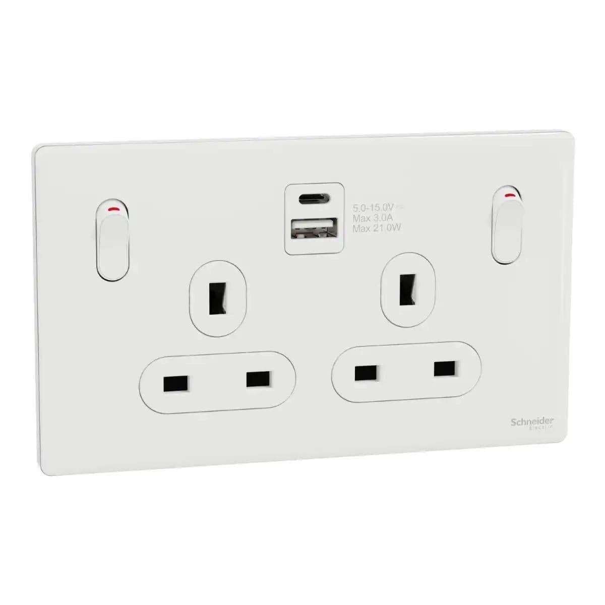 13A 250V~ 2G DP SW Skt w USB A+C 21W PW