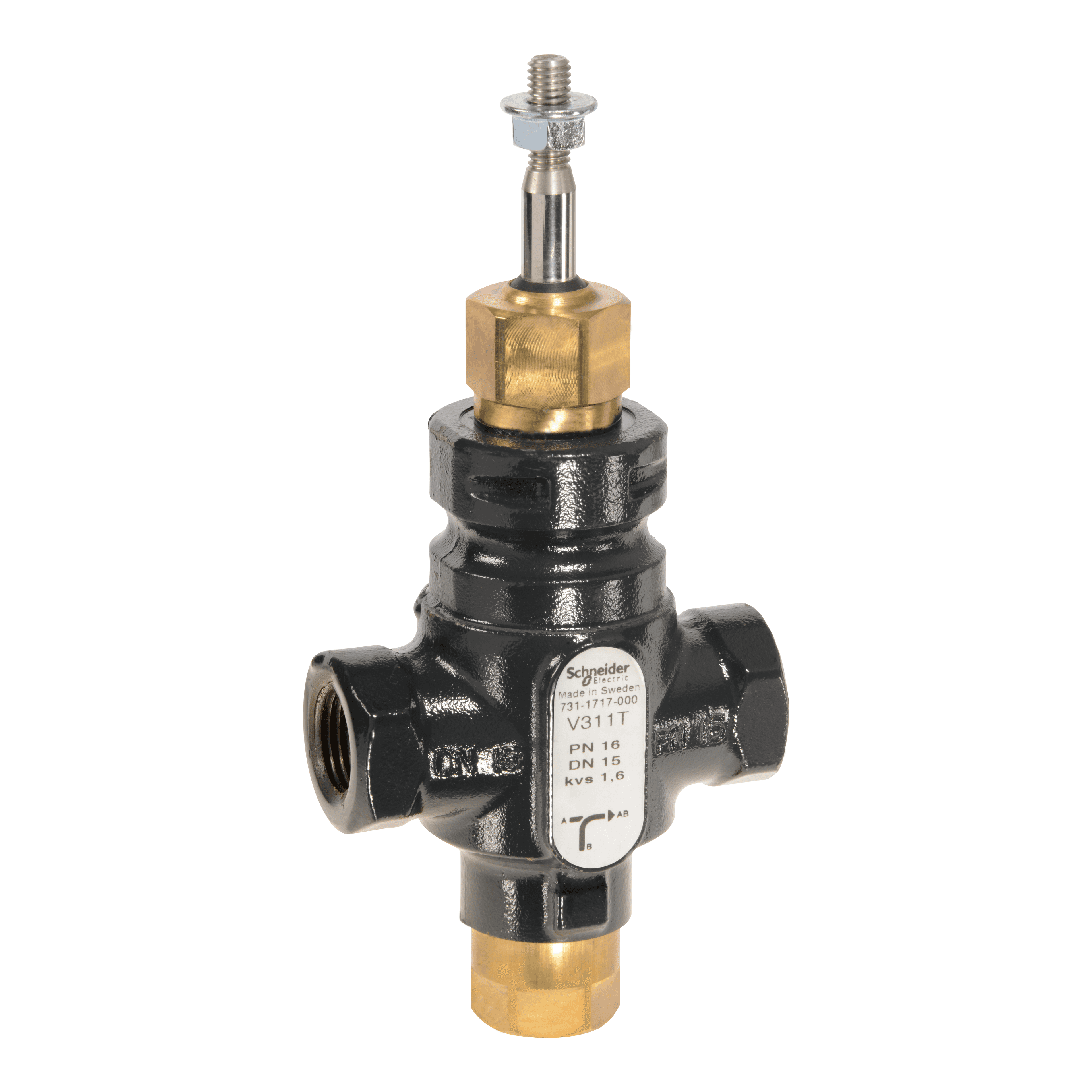 Venta V311T Globe Valve, 3-Way, PN16, Rp 1/2 Internal Thread, DN15, 1.6 Kvs, Nodular Iron, Brass plug.