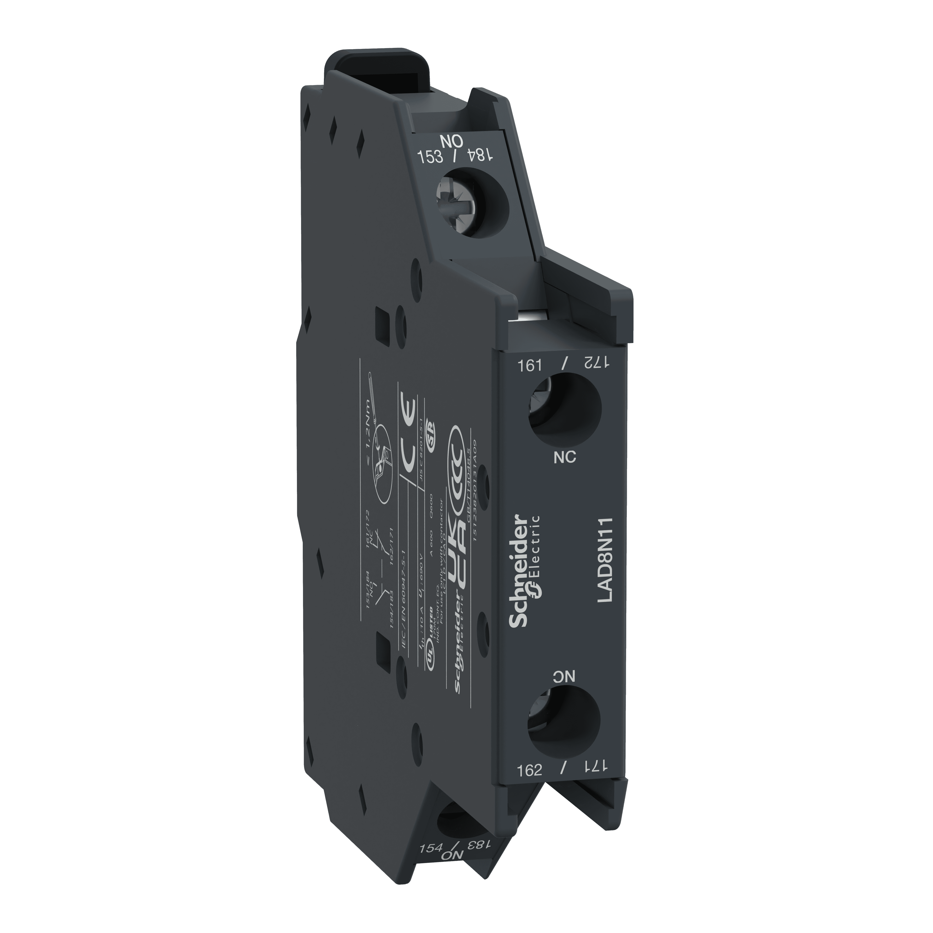 Auxiliary contact block, TeSys Deca, 1NO+1NC, side mounting, screw clamp terminals