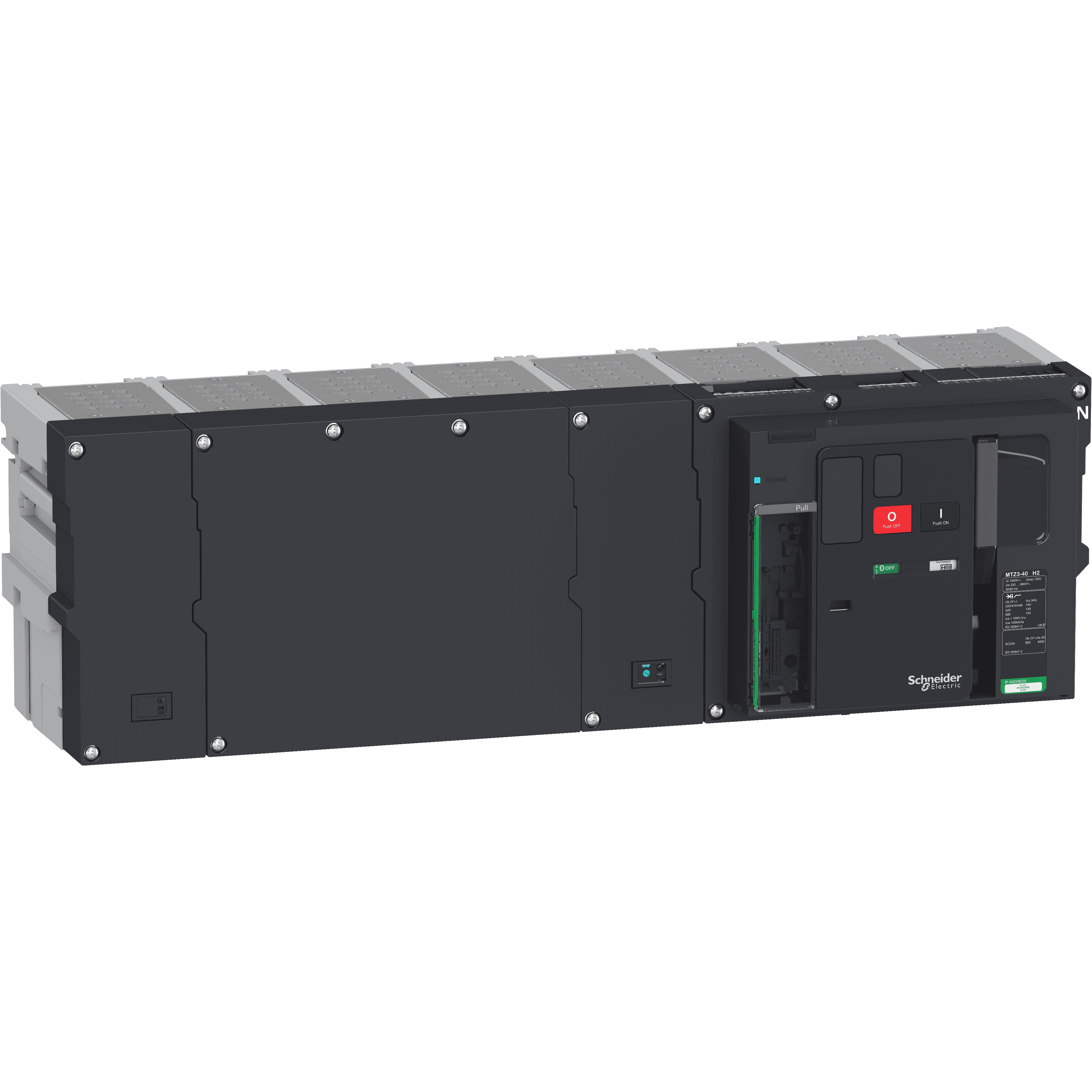 هيكل قاطع دائرة، MasterPact MTZ3 50H2 قابل للسحب لـ MicroLogic X، 5000A، 150kA/415VAC (Icu)، 4P محايد يمين