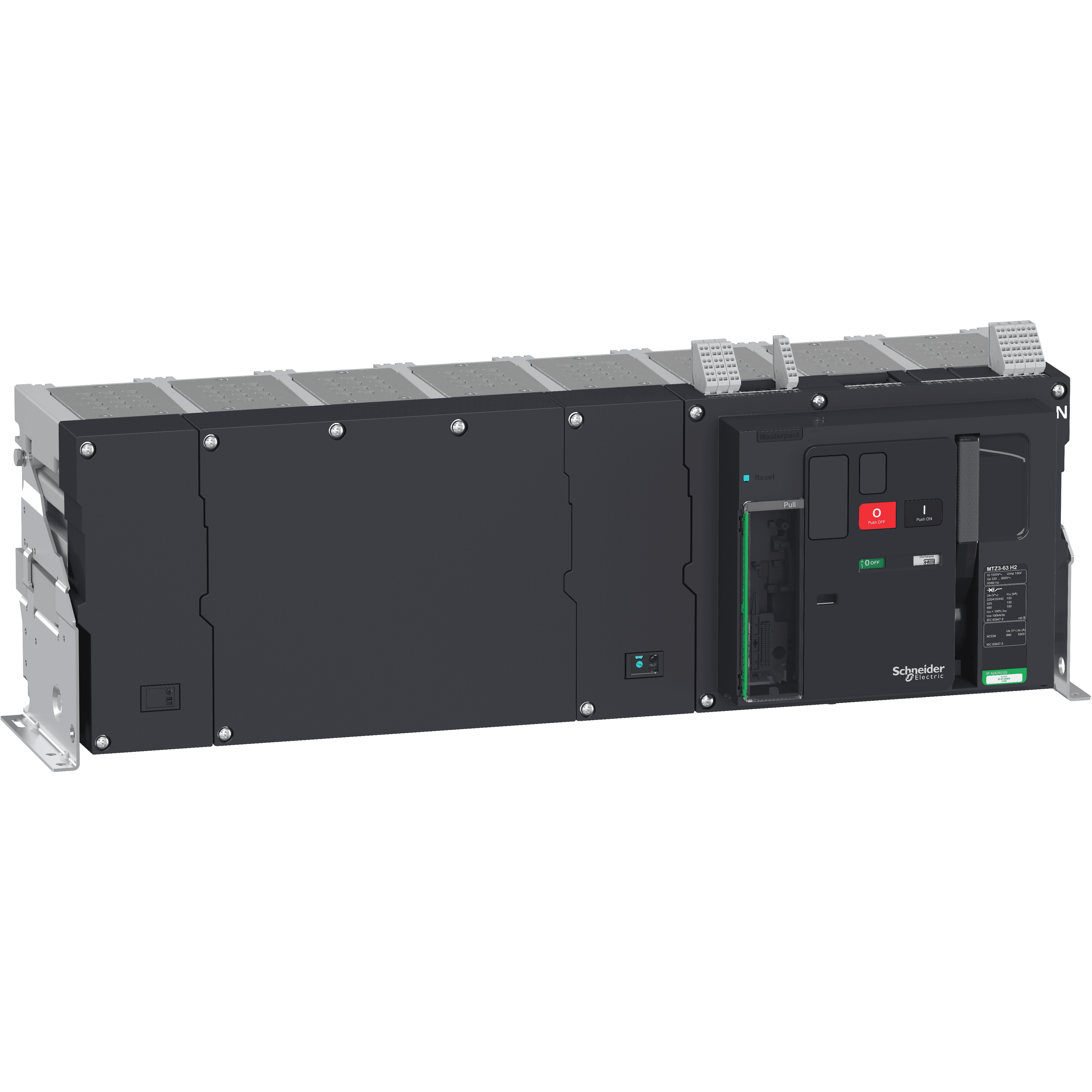هيكل قاطع دائرة، MasterPact MTZ3 63H2 ثابت لـ MicroLogic X، 6300A، 150kA/415VAC (Icu)، 4P محايد يمين