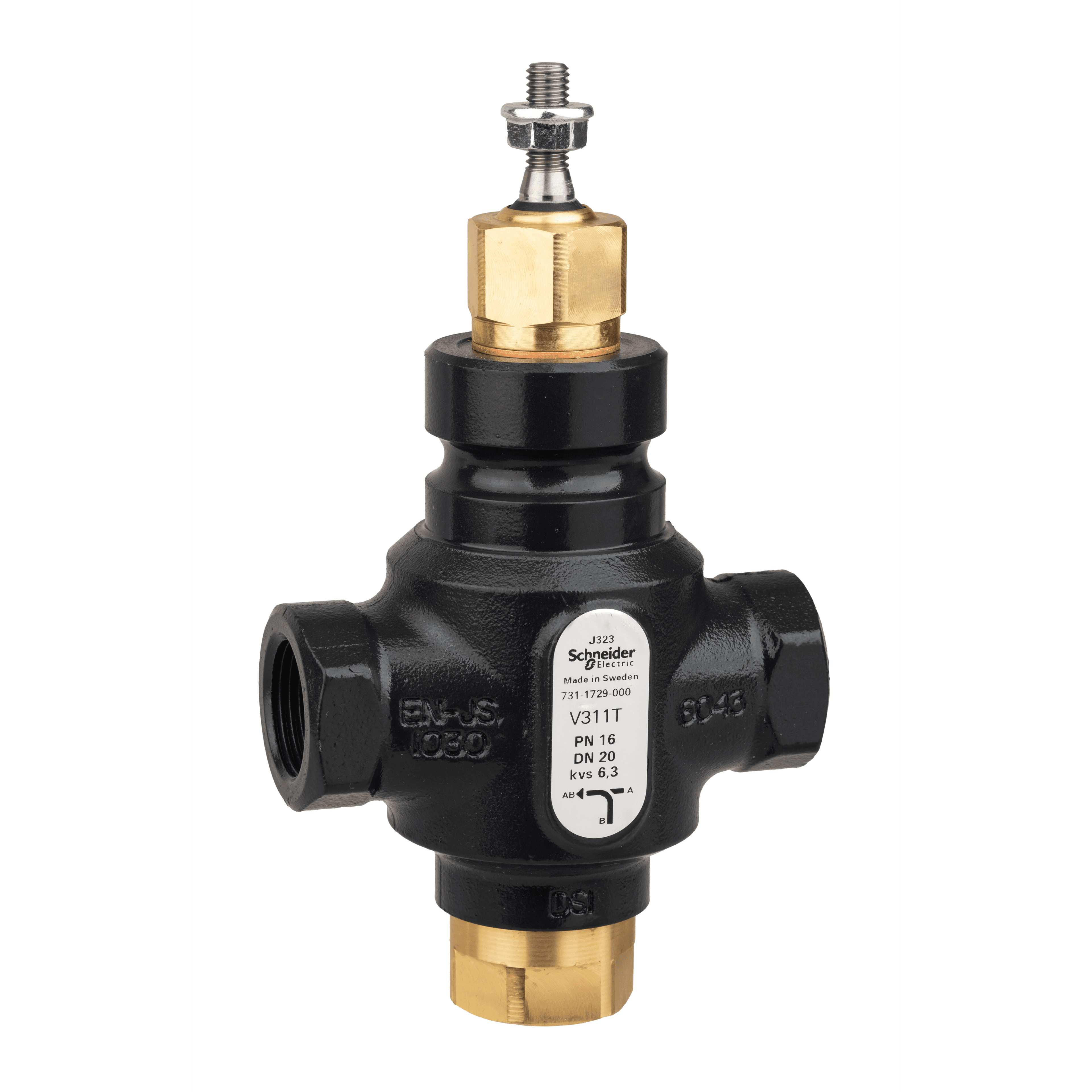 صمّام سدادي Venta V311T، 3-Way، PN16، سن لولبي داخلي Rp 3/4، DN20، 6.3 Kvs، حديد عقدي، قابس. نحاسي