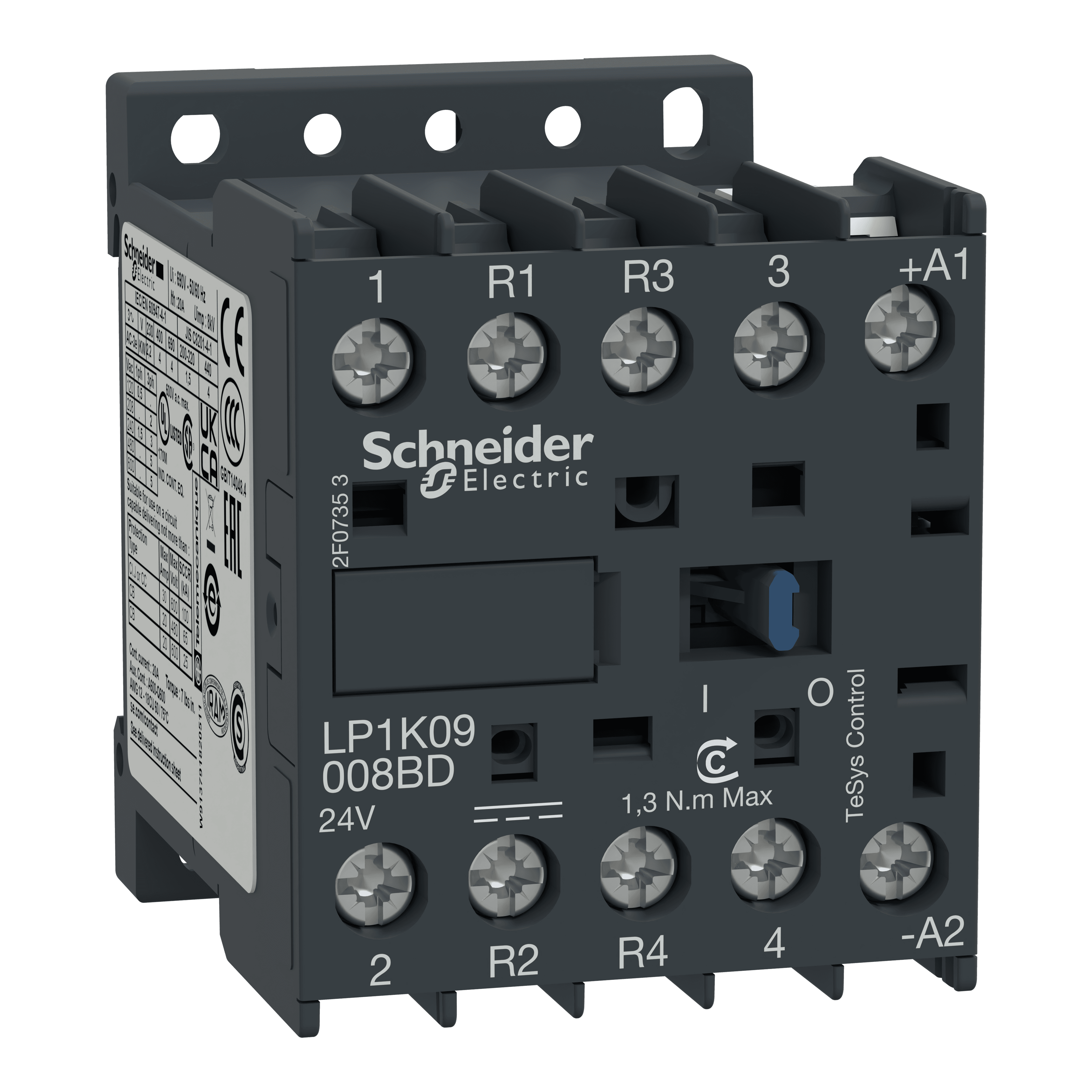 كونتاكتور، TeSys K، 4P(2NO+2NC)، AC-1، 440V، 20A، ملف 24V DC، أطراف بمشبك لولبي
