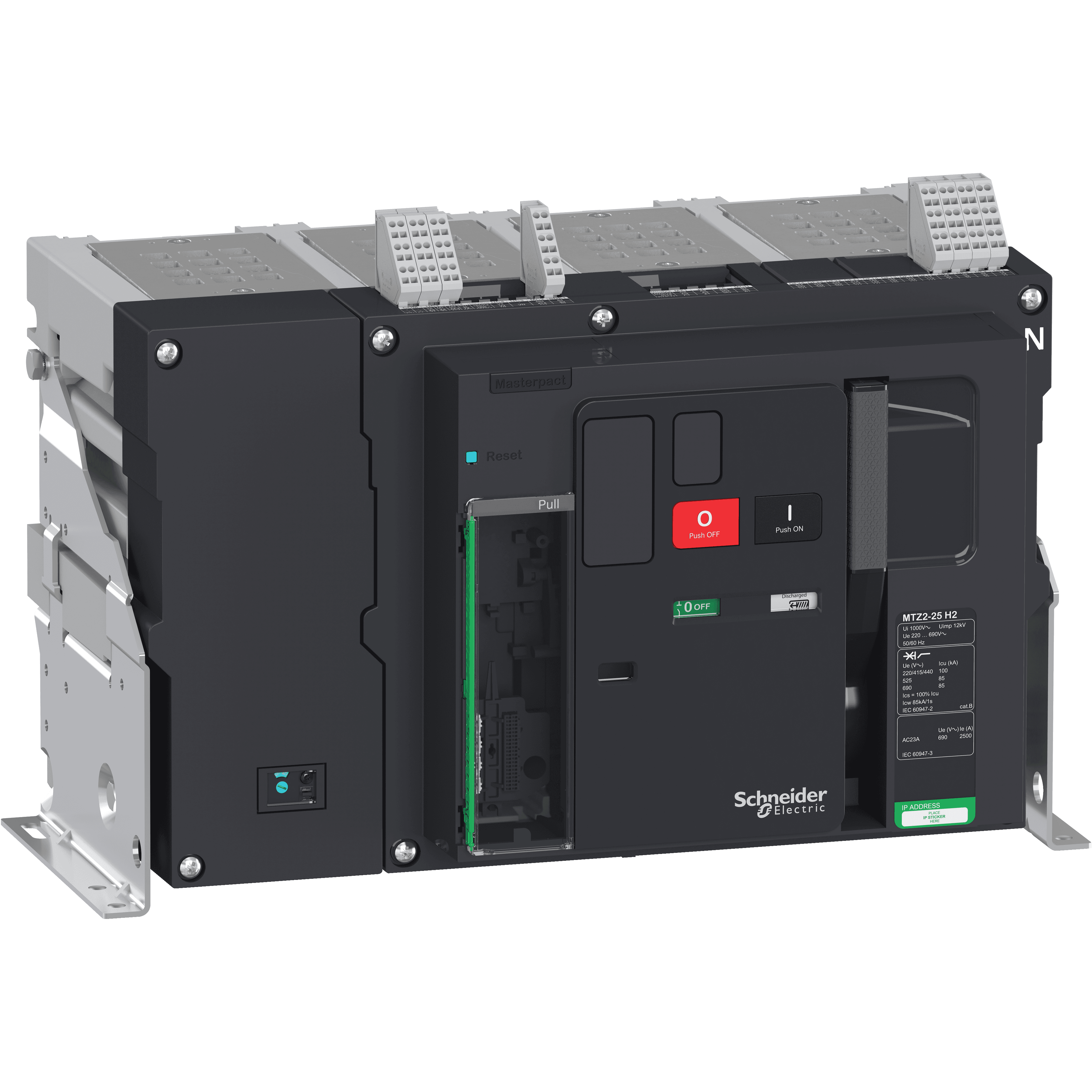 هيكل قاطع دائرة، MasterPact MTZ2 32H2 ثابت لـ MicroLogic X، 3200A، 100kA/415VAC (Icu)، 4P محايد يمين