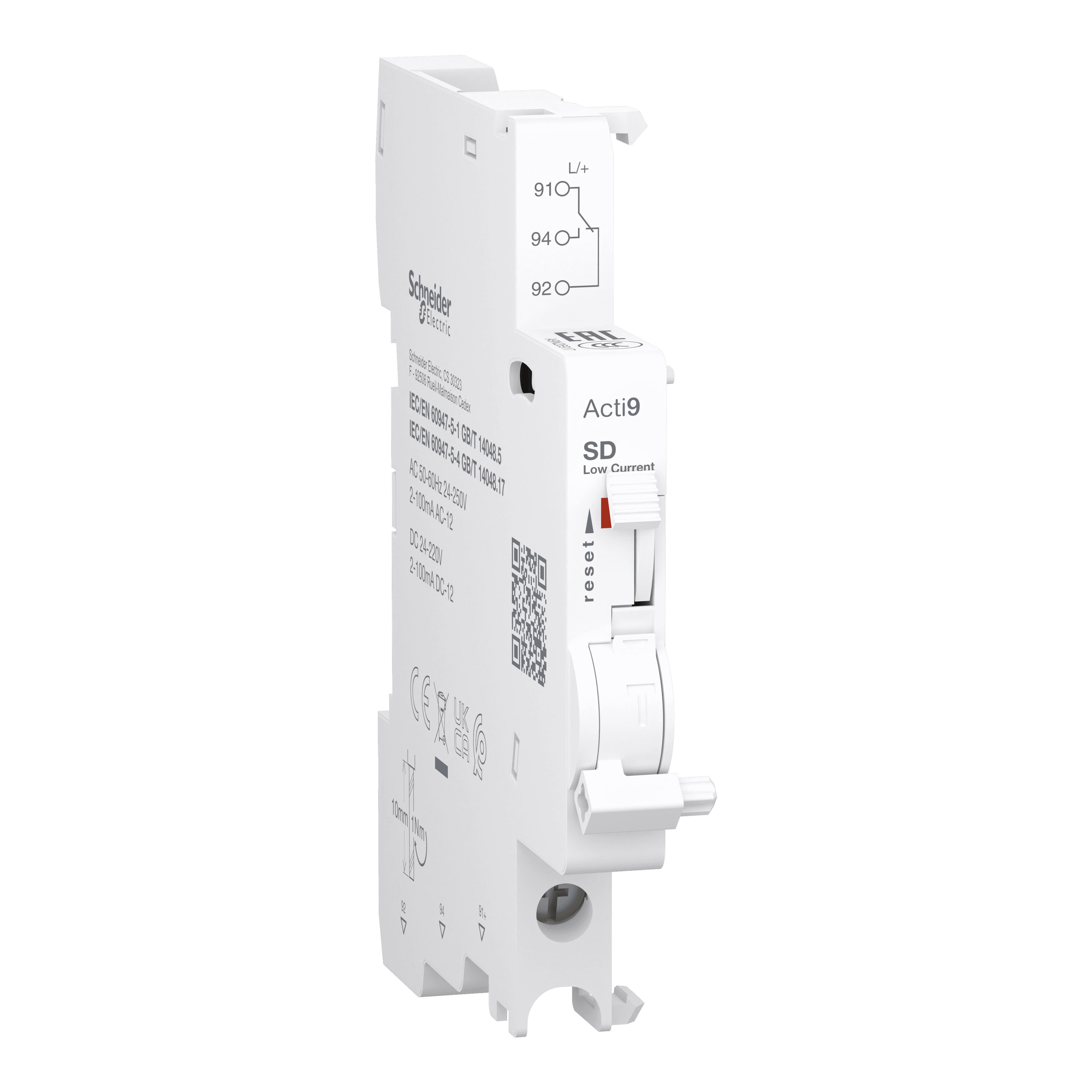 Auxiliary contact, Acti9 A9N, SD, 1 C/O, 2mA to 100mA, 24VAC to 250VAC, 24VDC to 220VDC, bottom connection