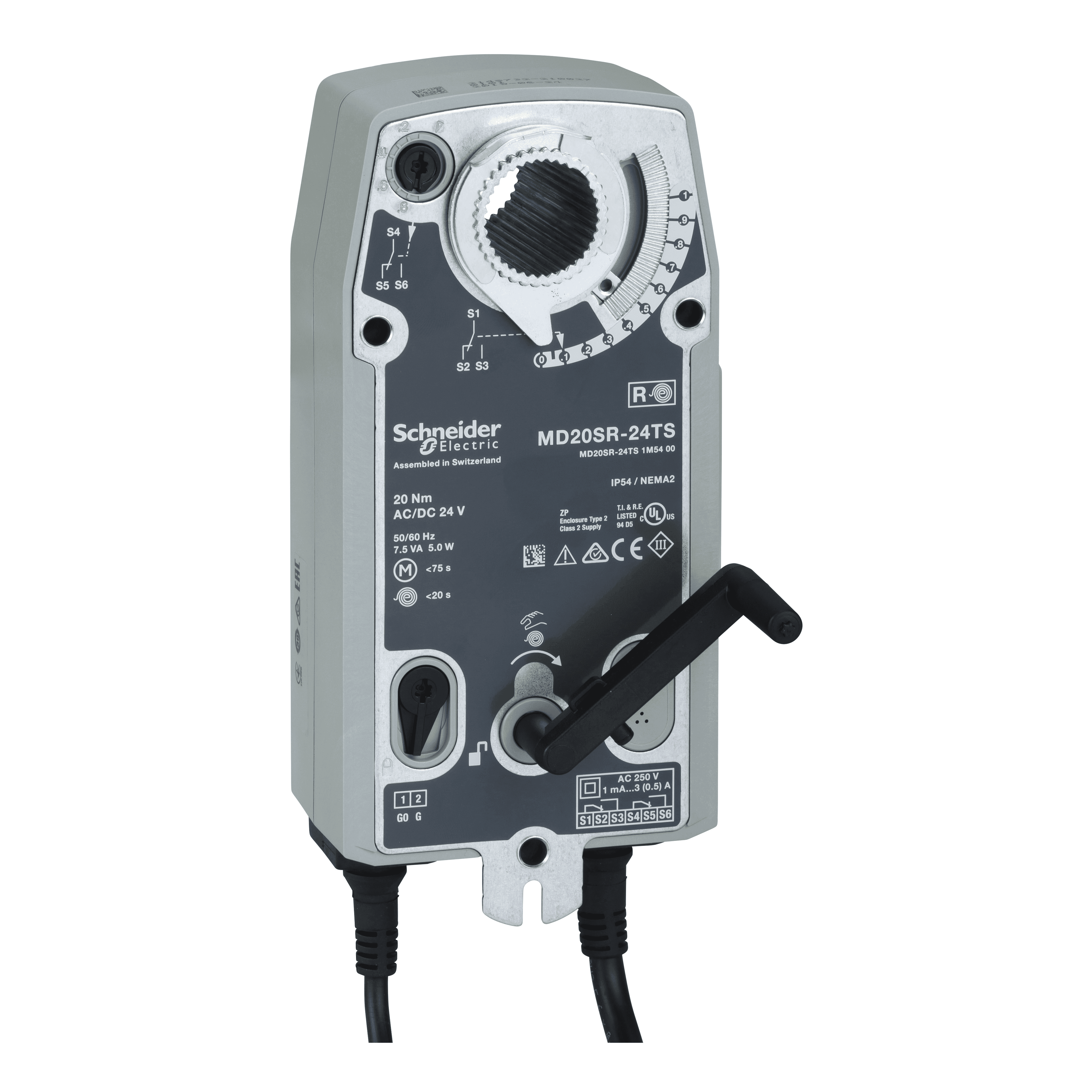 MD20-SR Damper Actuator, 2-Position or 3-Wire Floating, Spring Return, 110-240Vac / 24-125Vdc, 1m Cable, 20Nm, S2 Switch, IP54