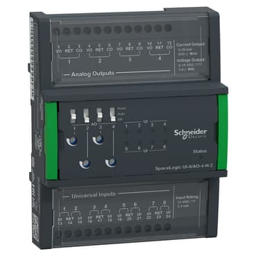 SpaceLogic Central I/O Expansion Module, 8 Universal Inputs, 4 Analog Outputs, Override
