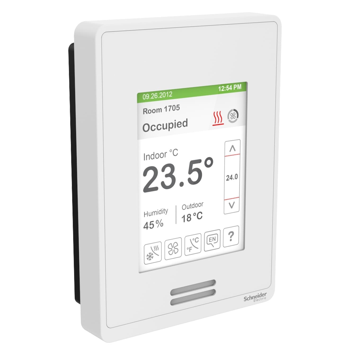 Hotel Line-Voltage Fan Coil Room Controller: BACnet MS/TP, RH sensor & control, PIR motion sensor, Silver Case/Fascia