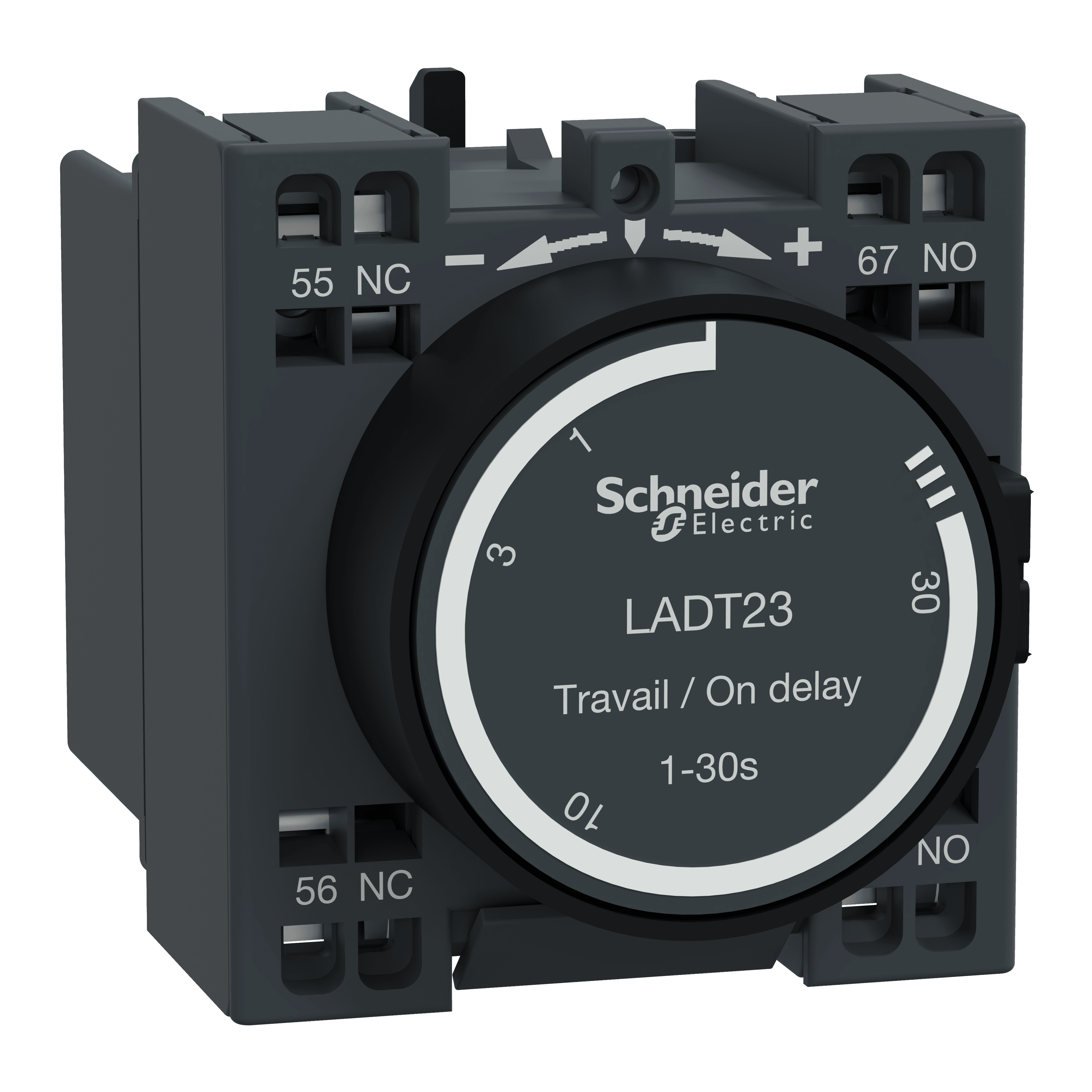Time delay auxiliary contact block, TeSys Deca, 1NO+1NC, on delay 1-30s, front, spring terminals
