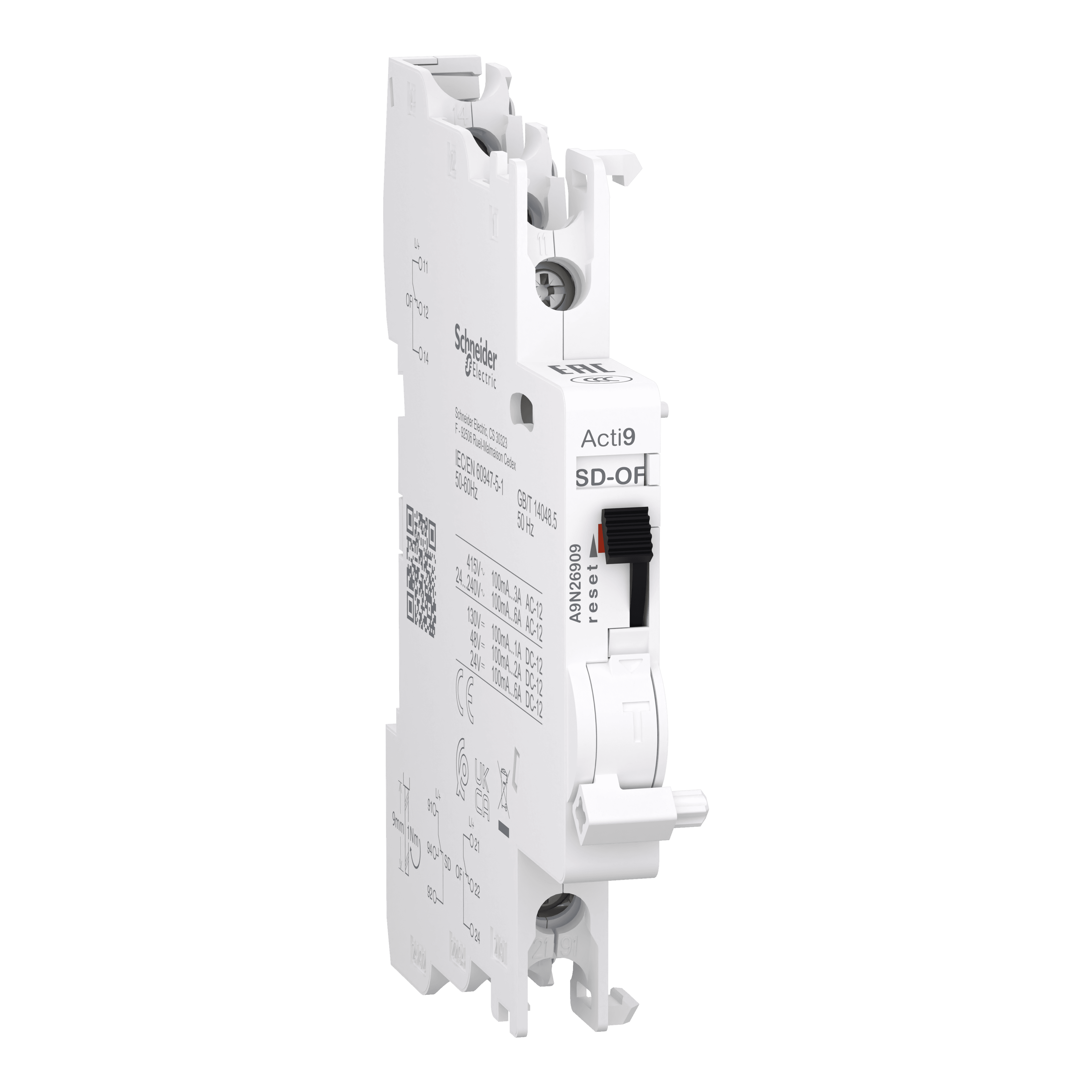 Auxiliary contact, Acti9 A9N, OF/SD+OF, 2 C/O, 100mA to 6A, 24VAC to 415VAC, 24VDC to 130VDC, top and bottom connection