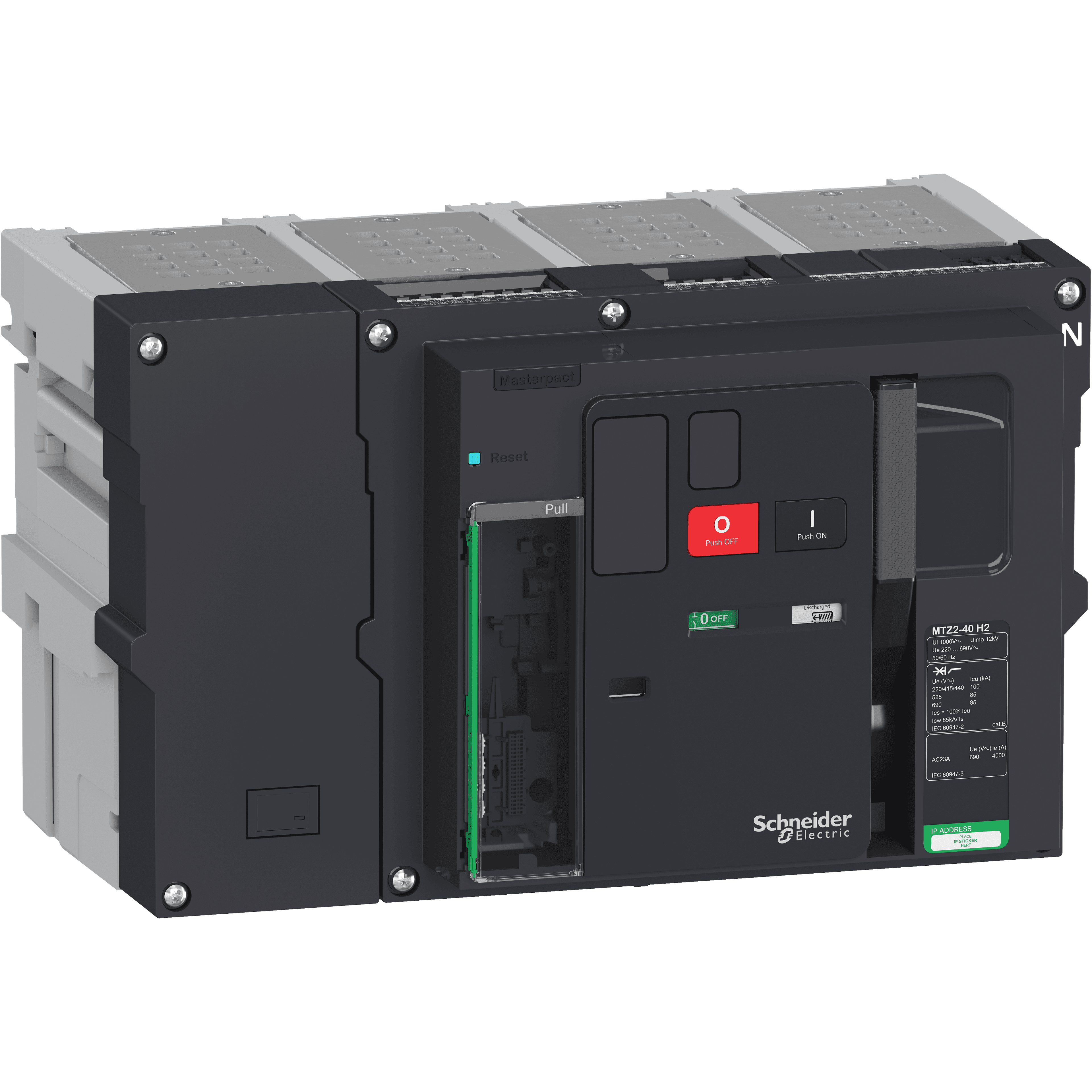 هيكل قاطع دائرة، MasterPact MTZ2 40H2 قابل للسحب لـ MicroLogic X، 4000A، 100kA/415VAC (Icu)، 4P محايد يمين