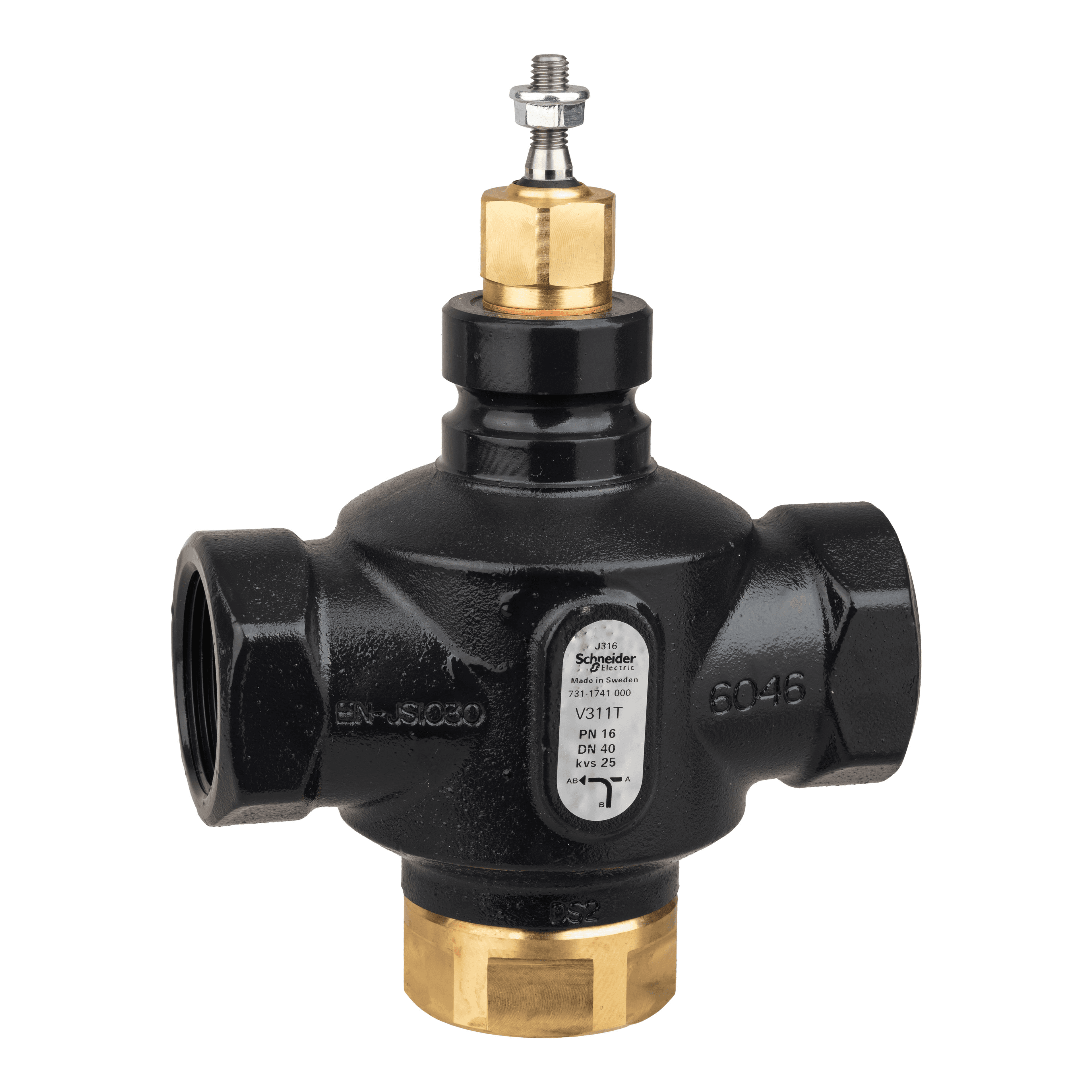 صمّام سدادي Venta V311T، 3-Way، PN16، سن لولبي داخلي Rp 1 1/2، DN40، 25 Kvs، حديد عقدي، قابس. نحاسي