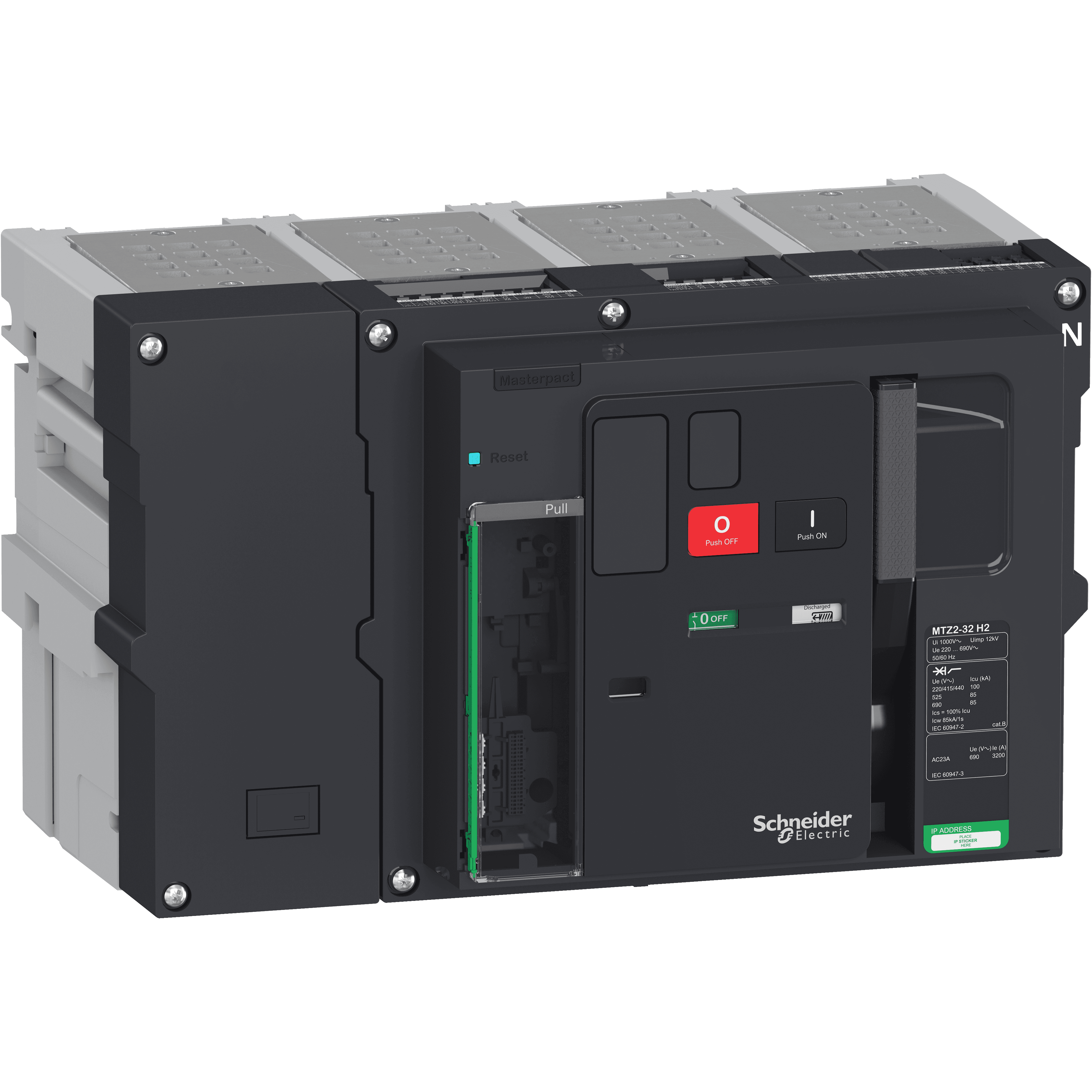 هيكل قاطع دائرة، MasterPact MTZ2 40H1 قابل للسحب لـ MicroLogic X، 4000A، 66kA/415VAC (Icu)، 4P محايد يمين