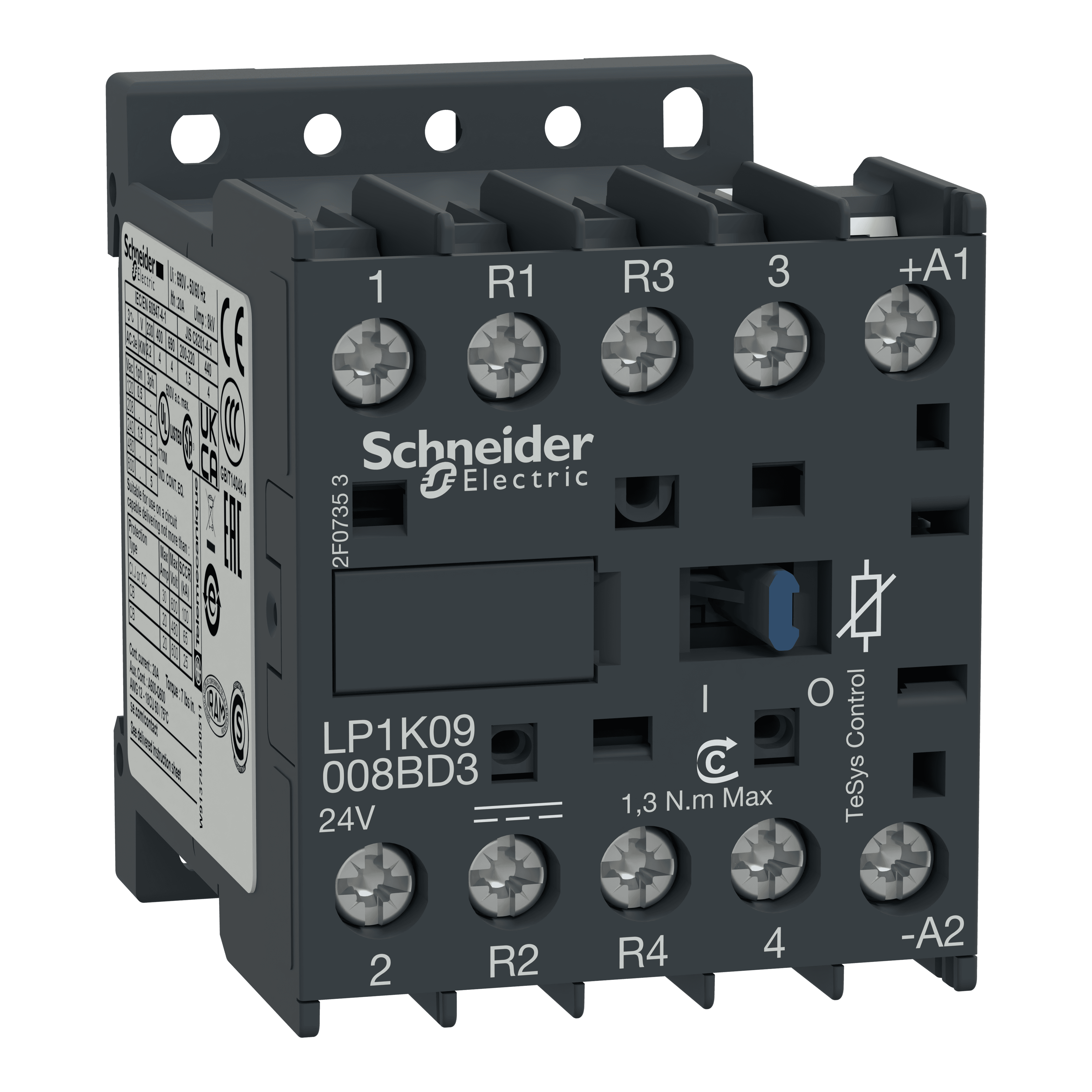 كونتاكتور، TeSys K، 4P(2NO+2NC)، AC-1، 440V، 20A، ملف 24V DC، مع intergral suppression