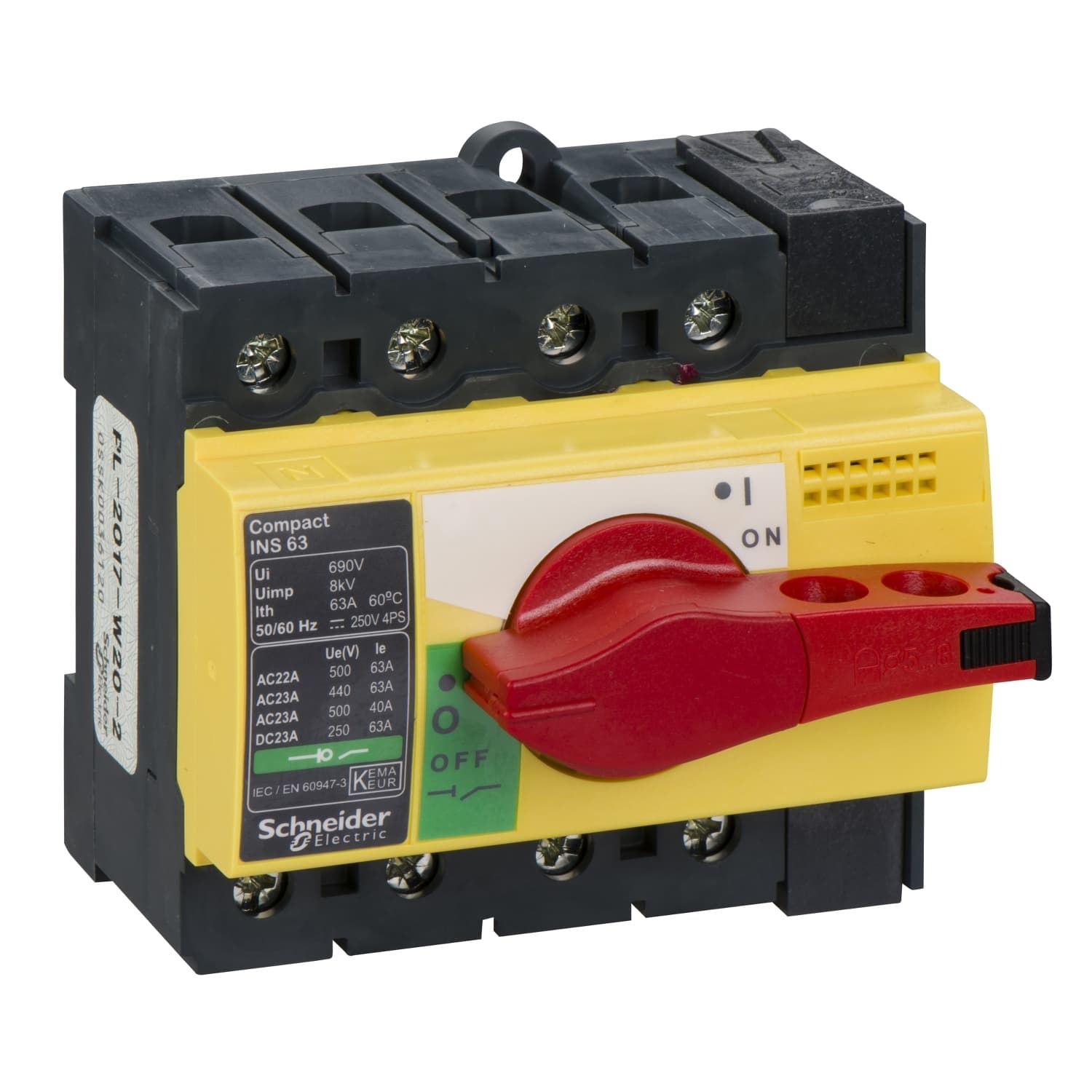 Switch disconnector, Compact INS63, 63A, with red rotary handle and yellow front, 4 poles