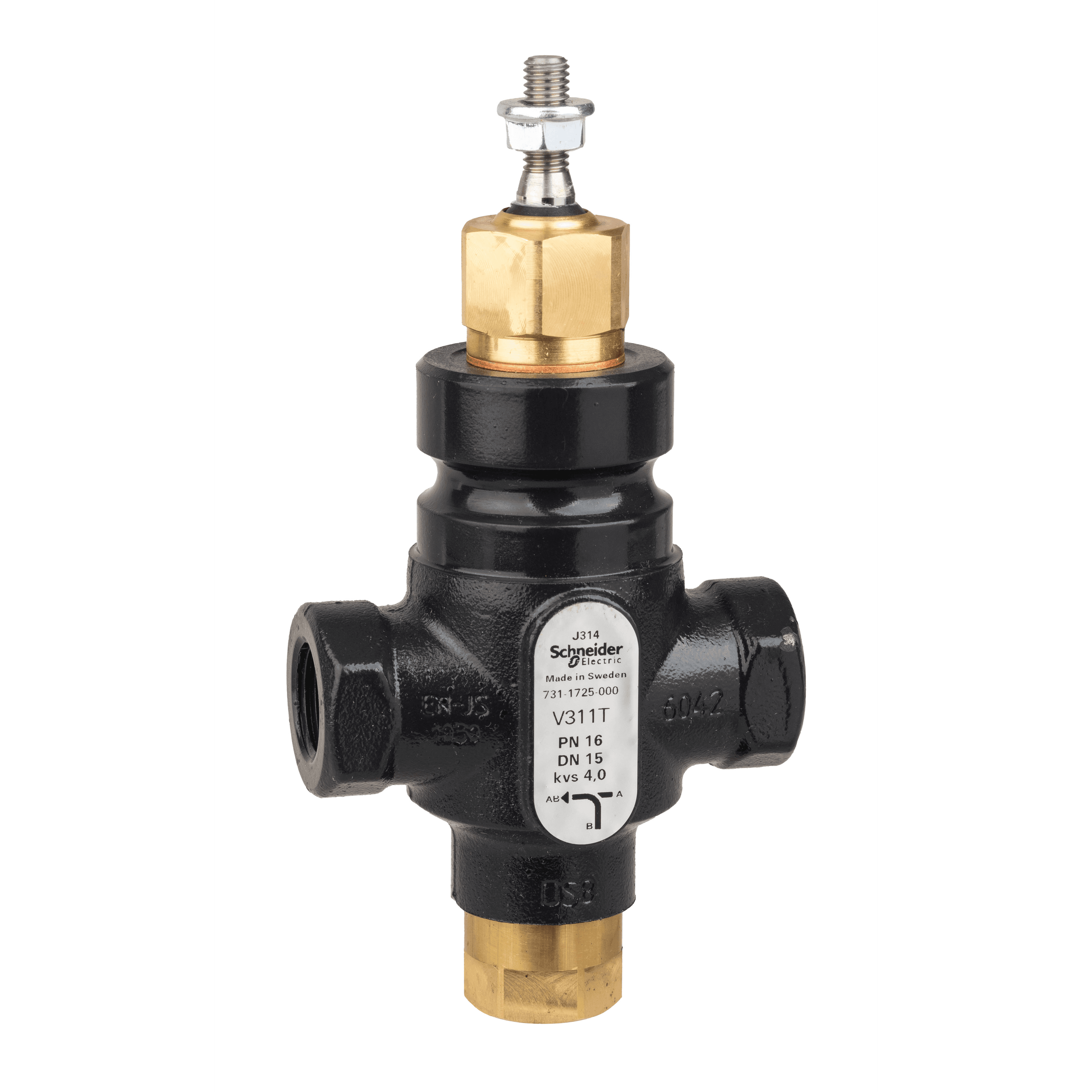 Venta V311T Globe Valve, 3-Way, PN16, Rp 1/2 Internal Thread, DN15, 4.0 Kvs, Nodular Iron, Brass plug.