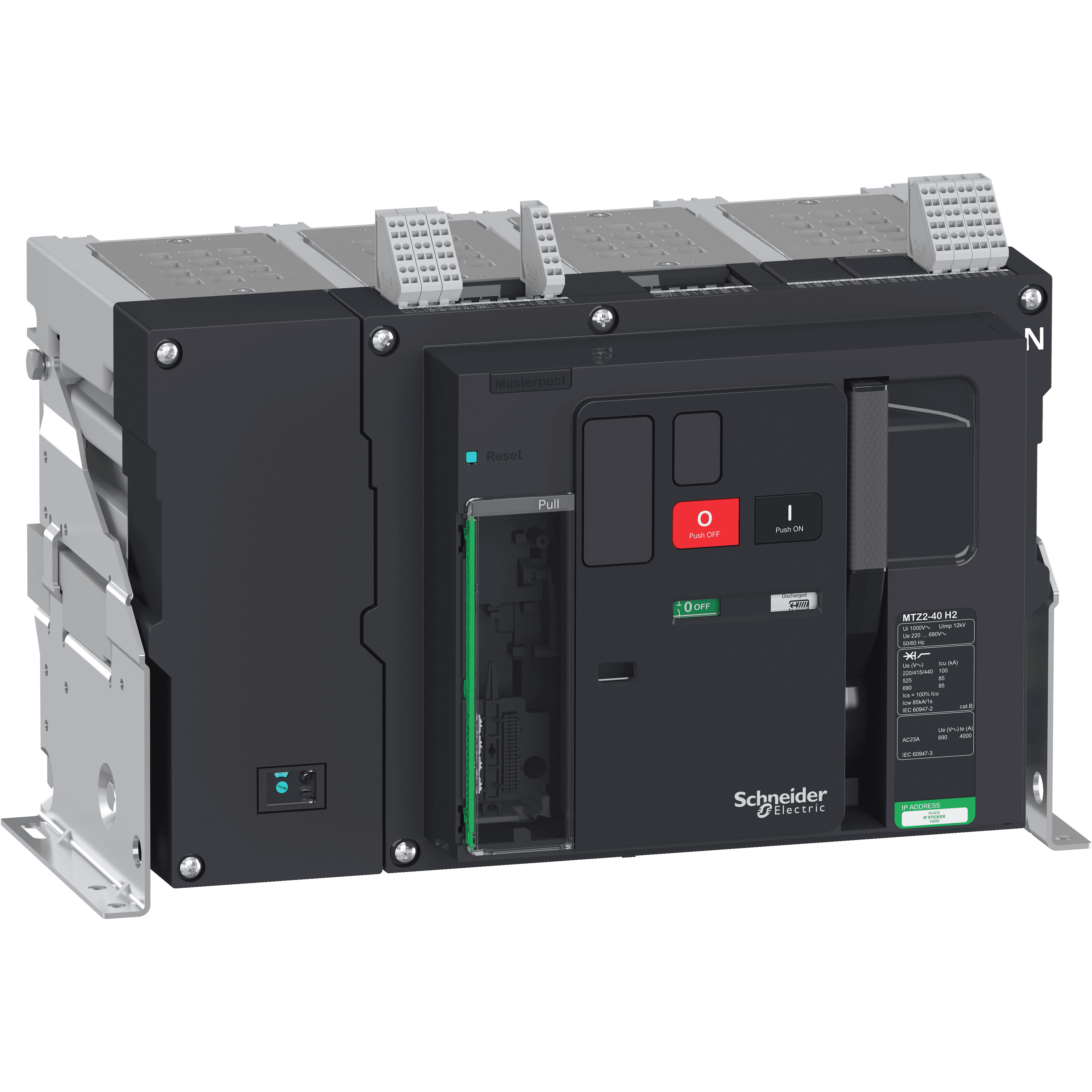 هيكل قاطع دائرة، MasterPact MTZ2 40H2 ثابت لـ MicroLogic X، 4000A، 100kA/415VAC (Icu)، 4P محايد يمين