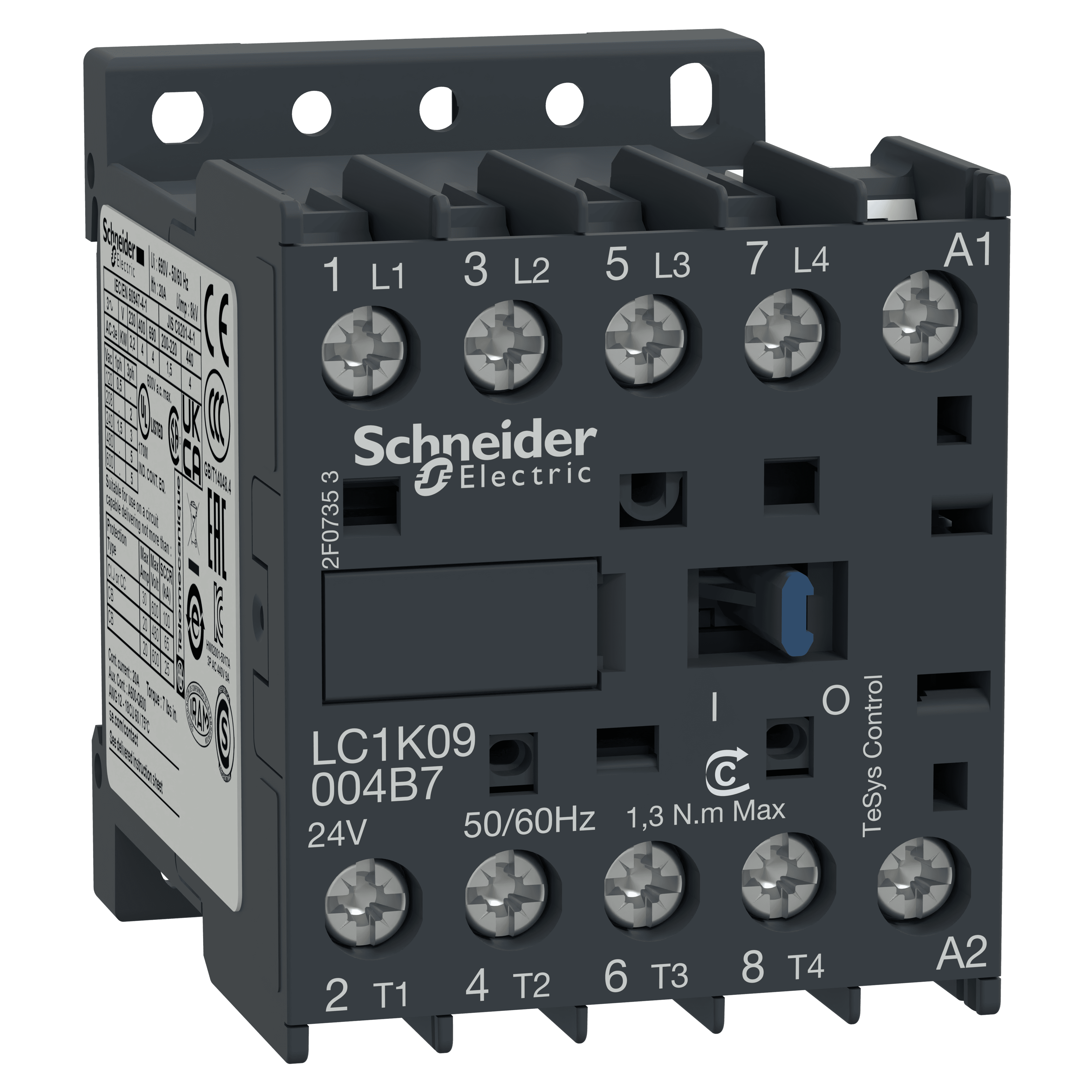 Contactor, TeSys K, 4P(4NO), AC-1, 440V 20A, 24V AC standard coil