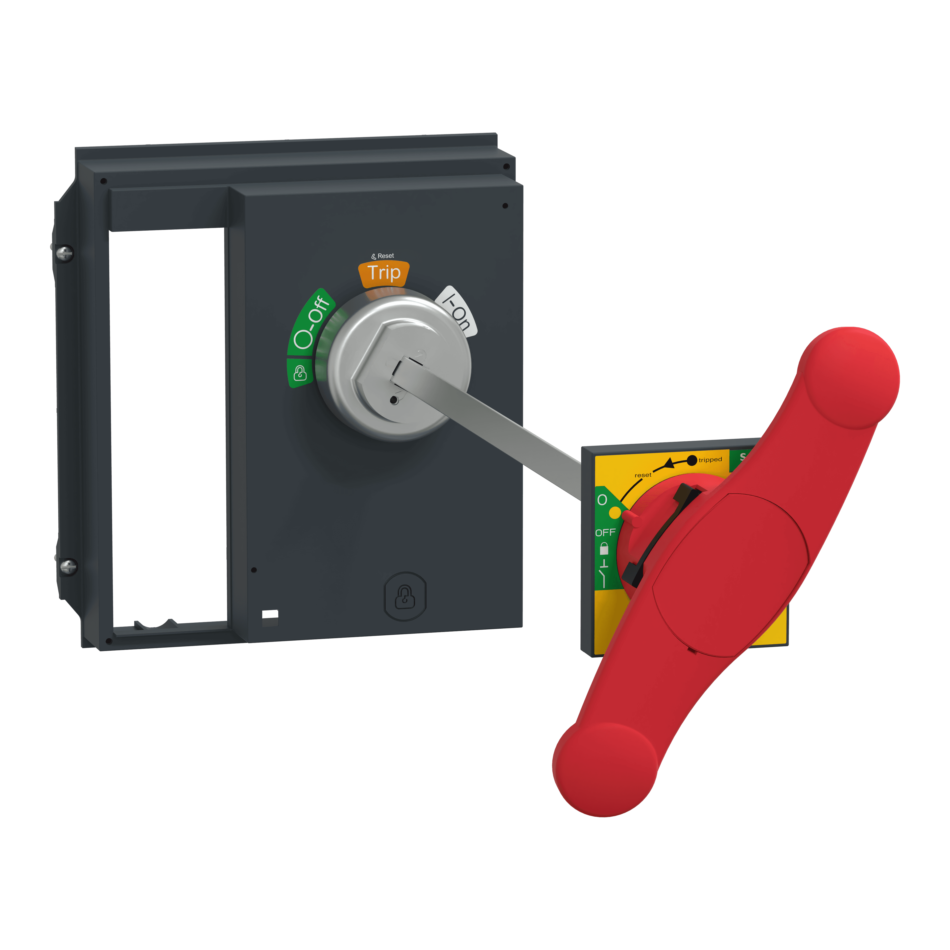 مقبض دوّار ممدود، ComPact NS630b/NS1600 fixed/drawout، مقبض أحمر على أصفر أمامي، طول عمود إدارة 218 إلى 605mm، IP55