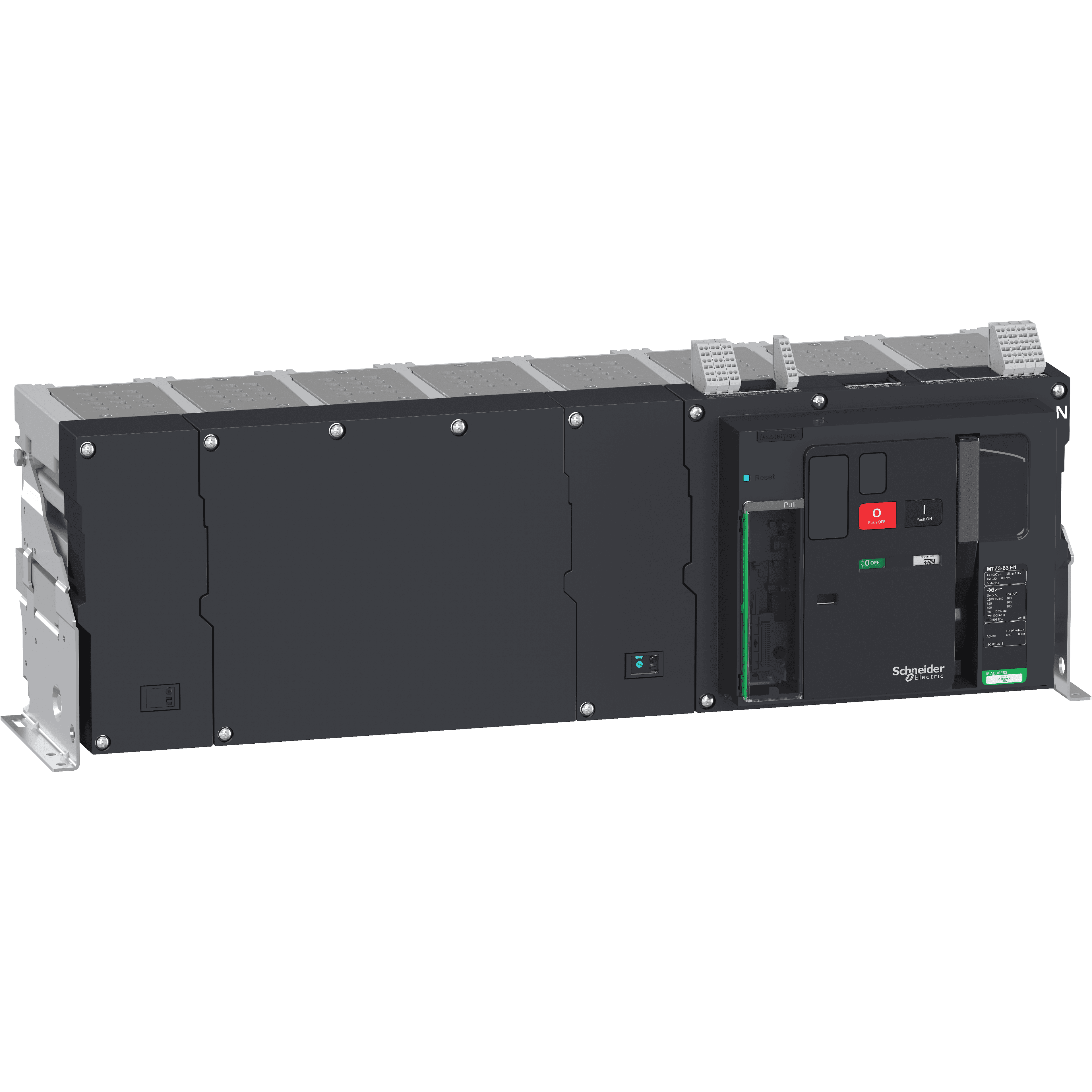 هيكل قاطع دائرة، MasterPact MTZ3 50H1 ثابت لـ MicroLogic X، 5000A، 100kA/415VAC (Icu)، 4P محايد يمين