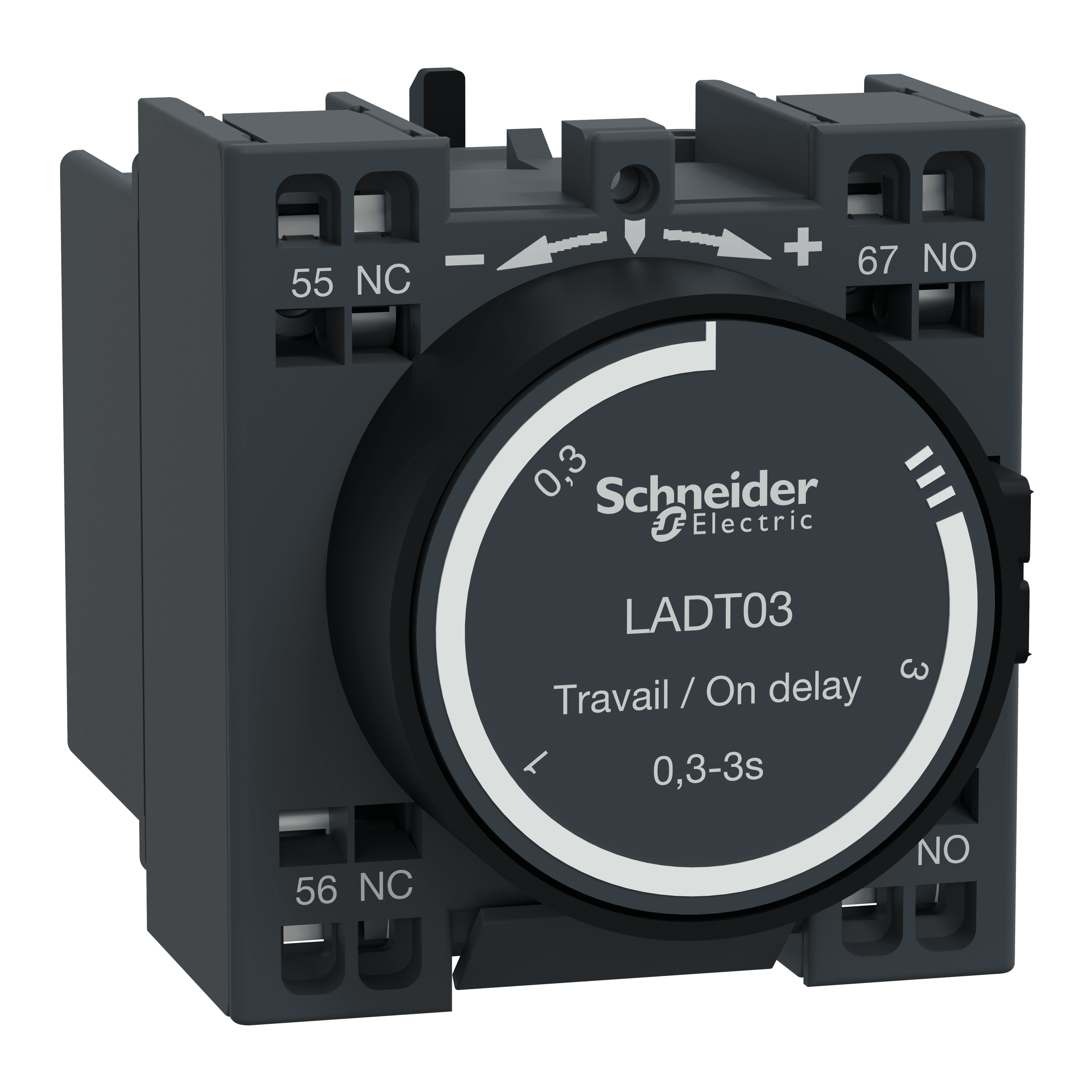 Time delay auxiliary contact block, TeSys Deca, 1NO+1NC, on delay 0.3-3s, front, spring terminals