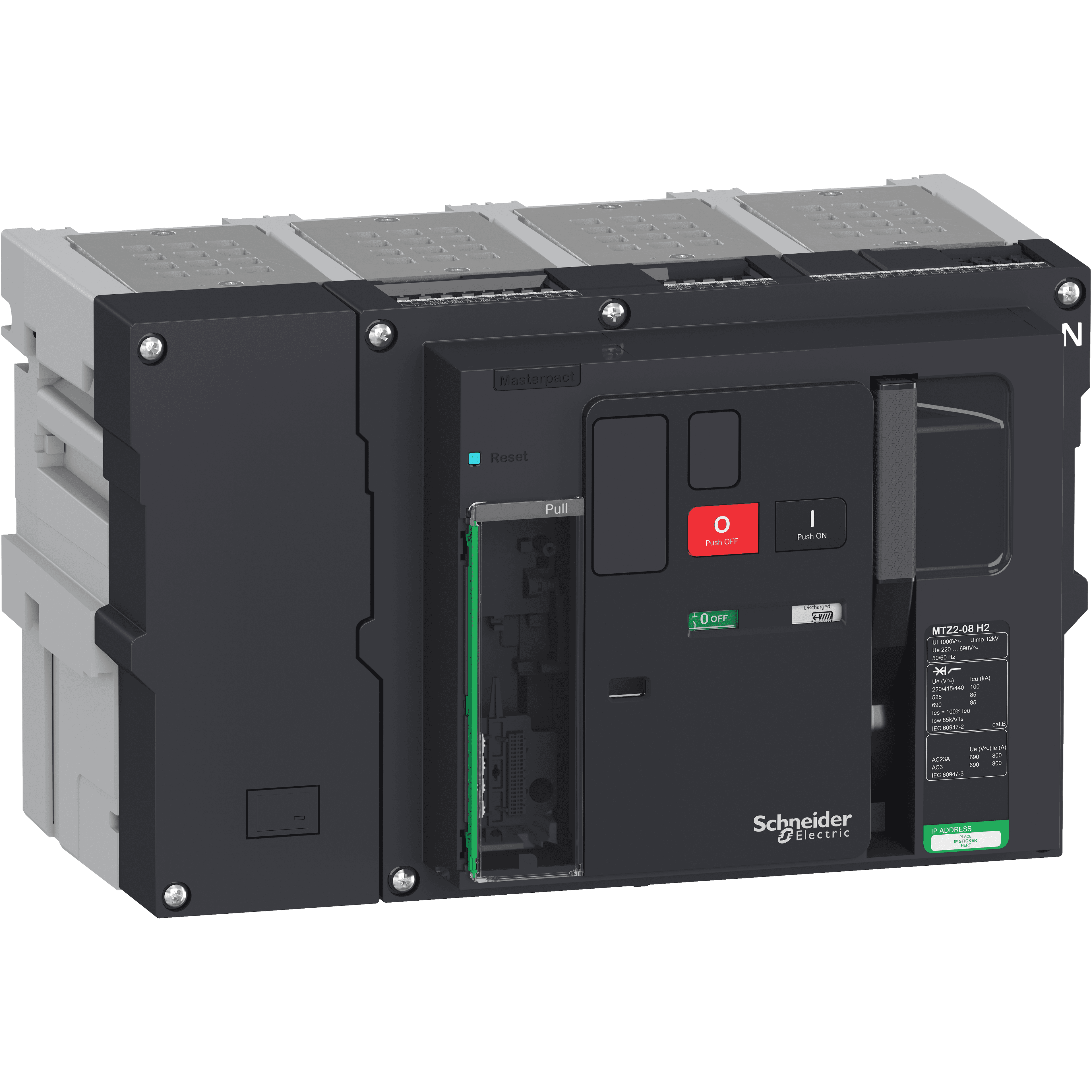 هيكل قاطع دائرة، MasterPact MTZ2 20H1 قابل للسحب لـ MicroLogic X، 2000A، 66kA/415VAC (Icu)، 4P محايد يمين