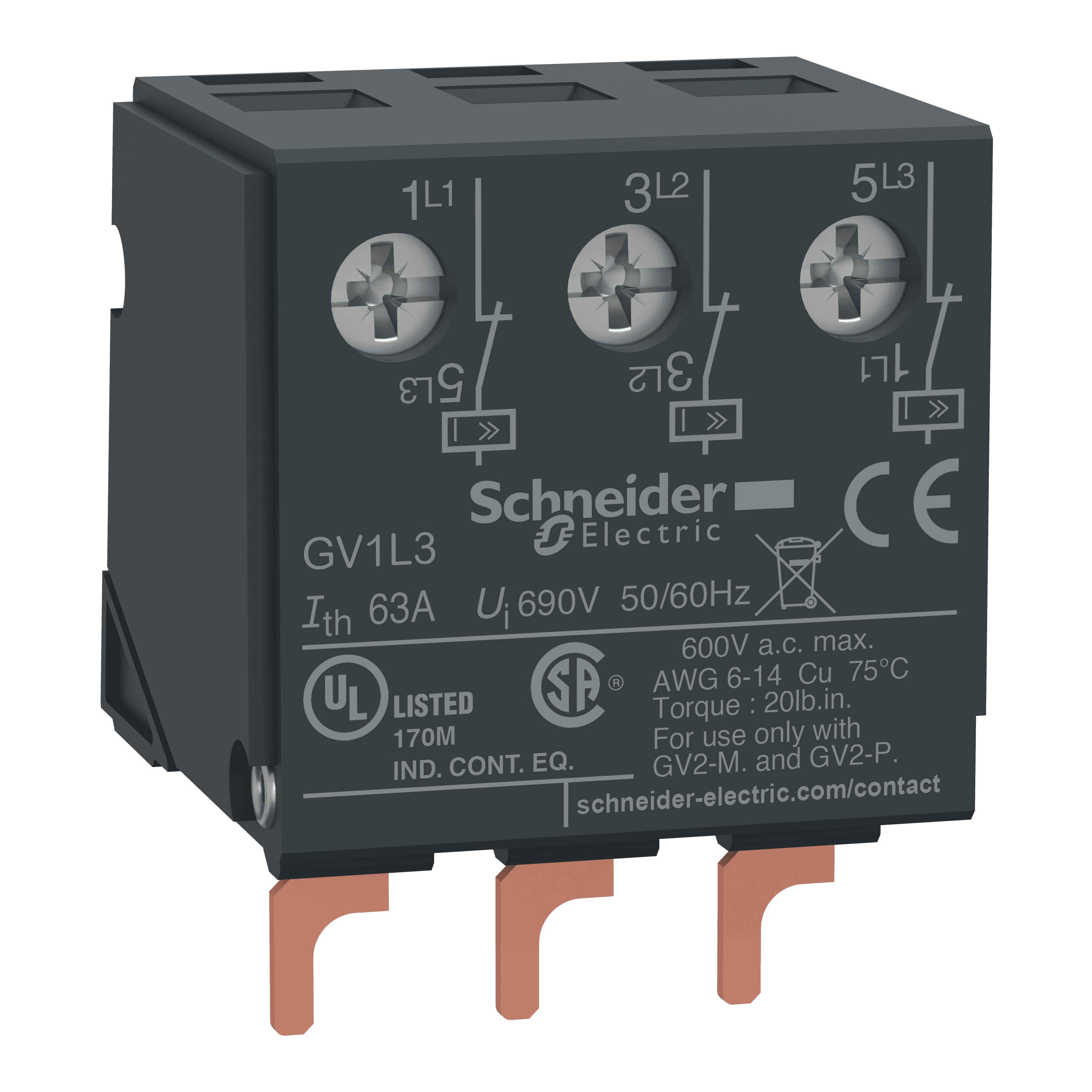 تيار limiter، TeSys Deca هيكل 2، 32A/690V، activation 1.5kA، عند علوي من GV2ME/GV2P/GV2RT مع مشبك لولب connections