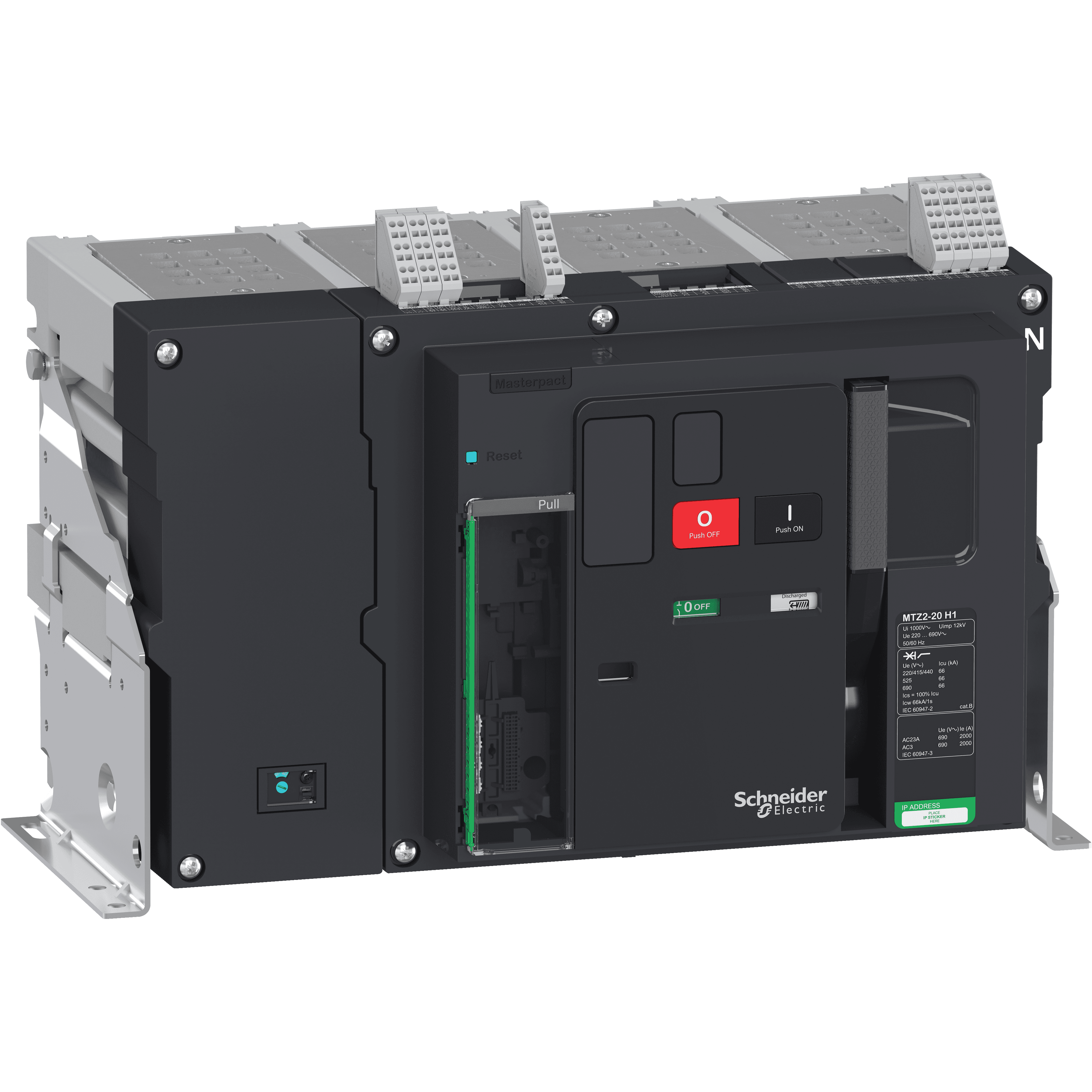هيكل قاطع دائرة، MasterPact MTZ2 12H1 ثابت لـ MicroLogic X، 1250A، 66kA/415VAC (Icu)، 4P محايد يمين