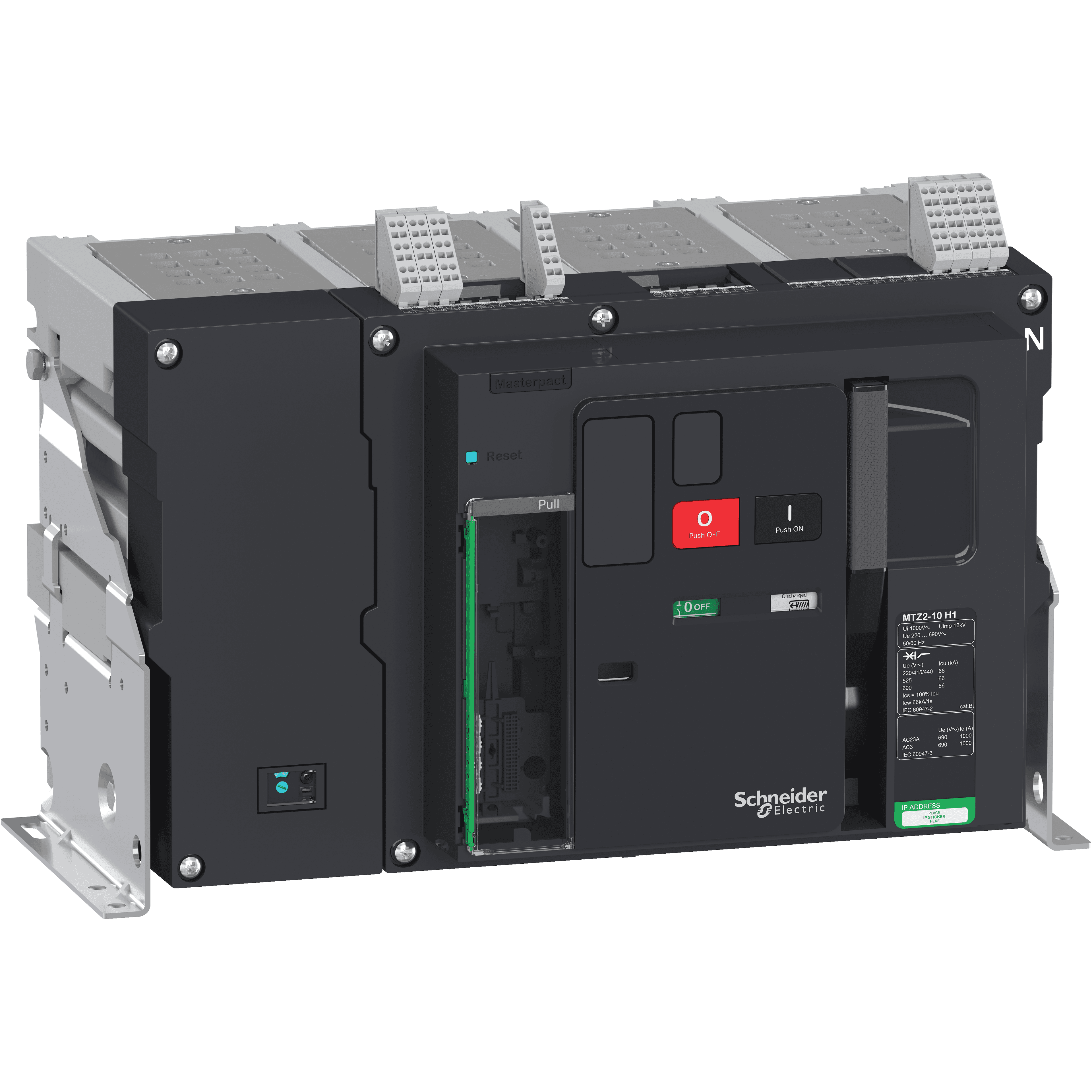 هيكل قاطع دائرة، MasterPact MTZ2 08H2 ثابت لـ MicroLogic X، 800A، 100kA/415VAC (Icu)، 4P محايد يمين