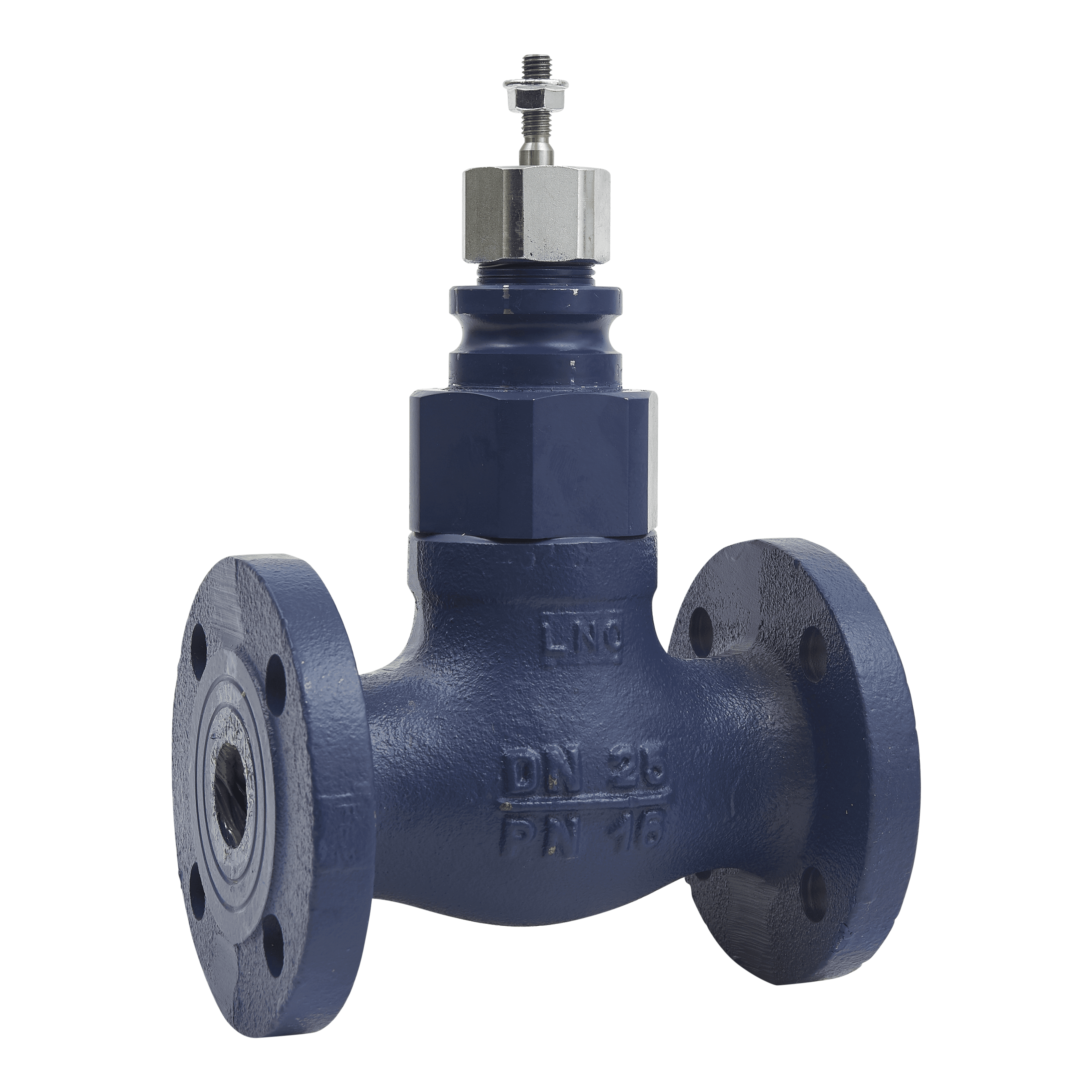 صمّام سدادي، 15mm، 2-Way، بشفة، ساق مغلق، من الفولاذ المقاوم للصدأ، 0.6kvs، Glycol 25-50% Steam وWater