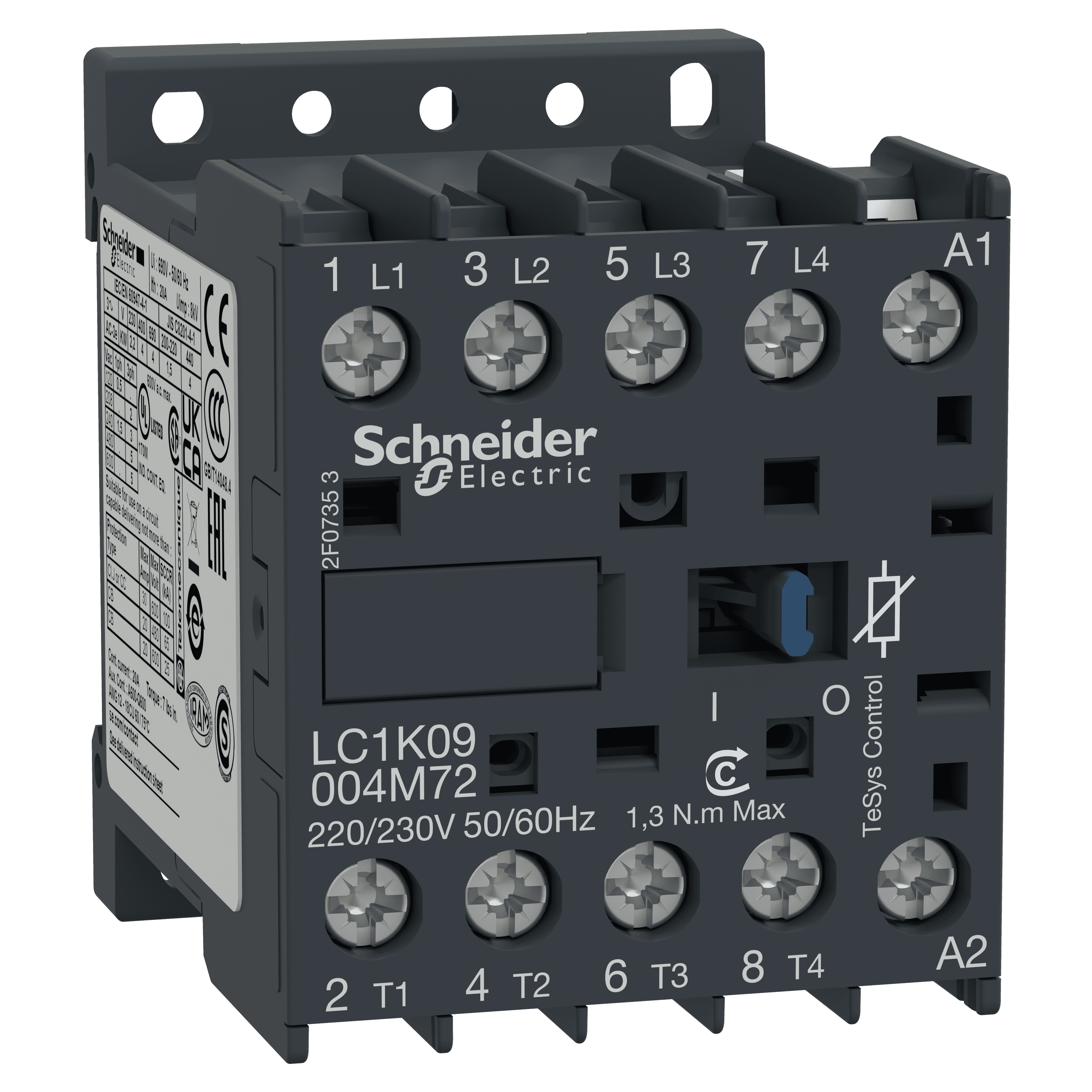 Contactor, TeSys K, 4P(4NO), AC-1, 440V 20A, 220...230V AC coil,with integral suppression device