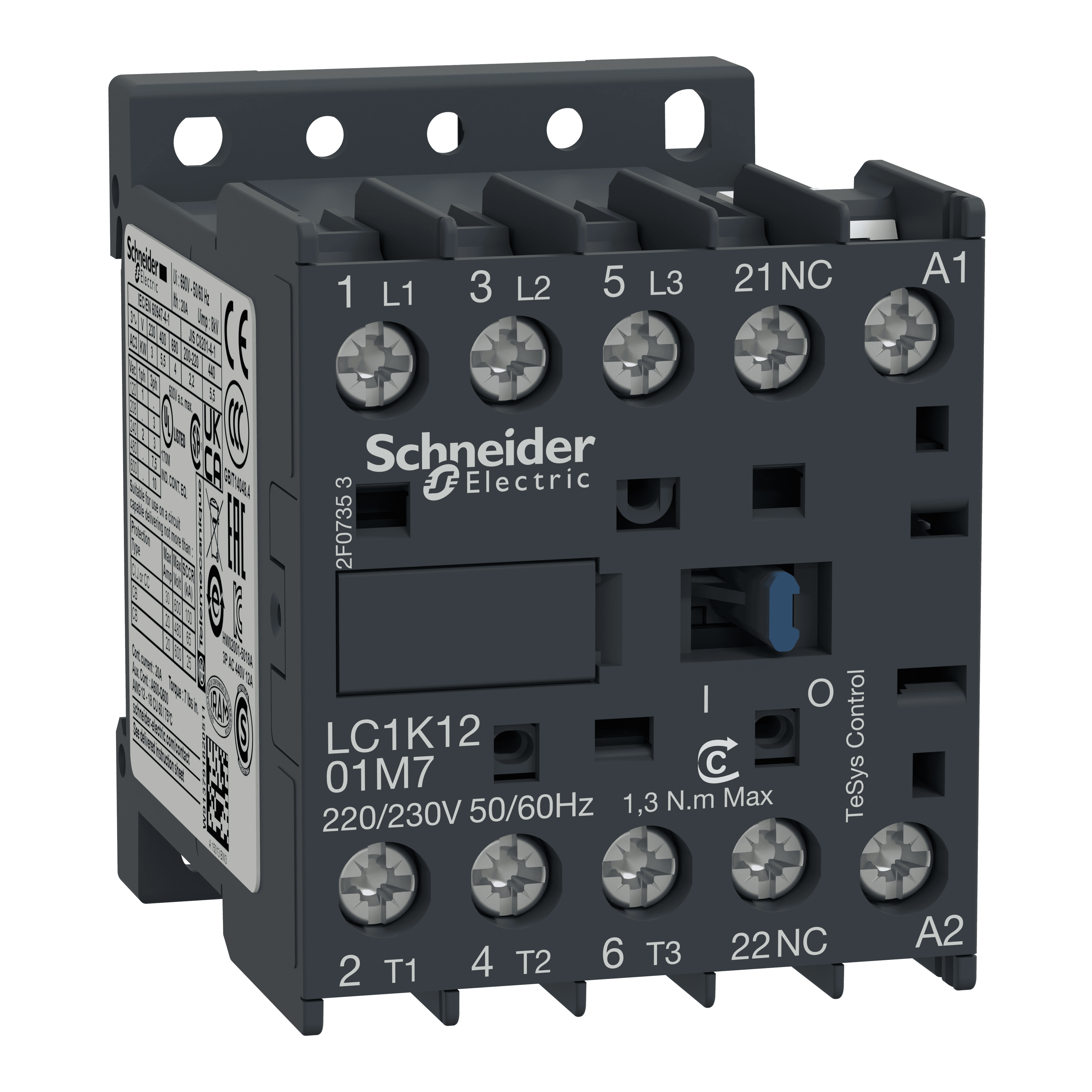 Contactor, TeSys K, 3P, AC-3/AC-3e,440V 12A, aux. 1NC, 220...230V AC coil, screw clamp terminals