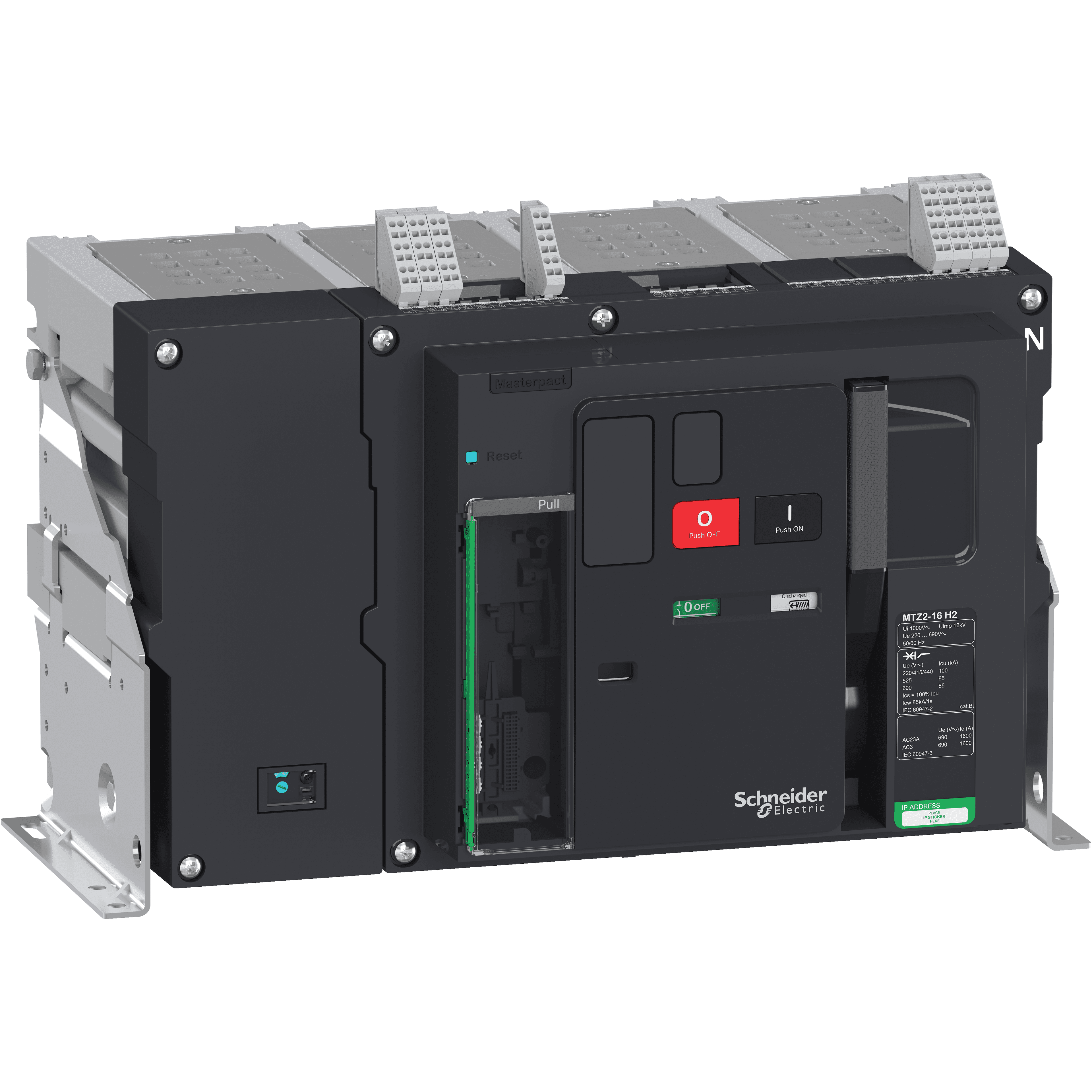 هيكل قاطع دائرة، MasterPact MTZ2 25H2 ثابت لـ MicroLogic X، 2500A، 100kA/415VAC (Icu)، 4P محايد يمين