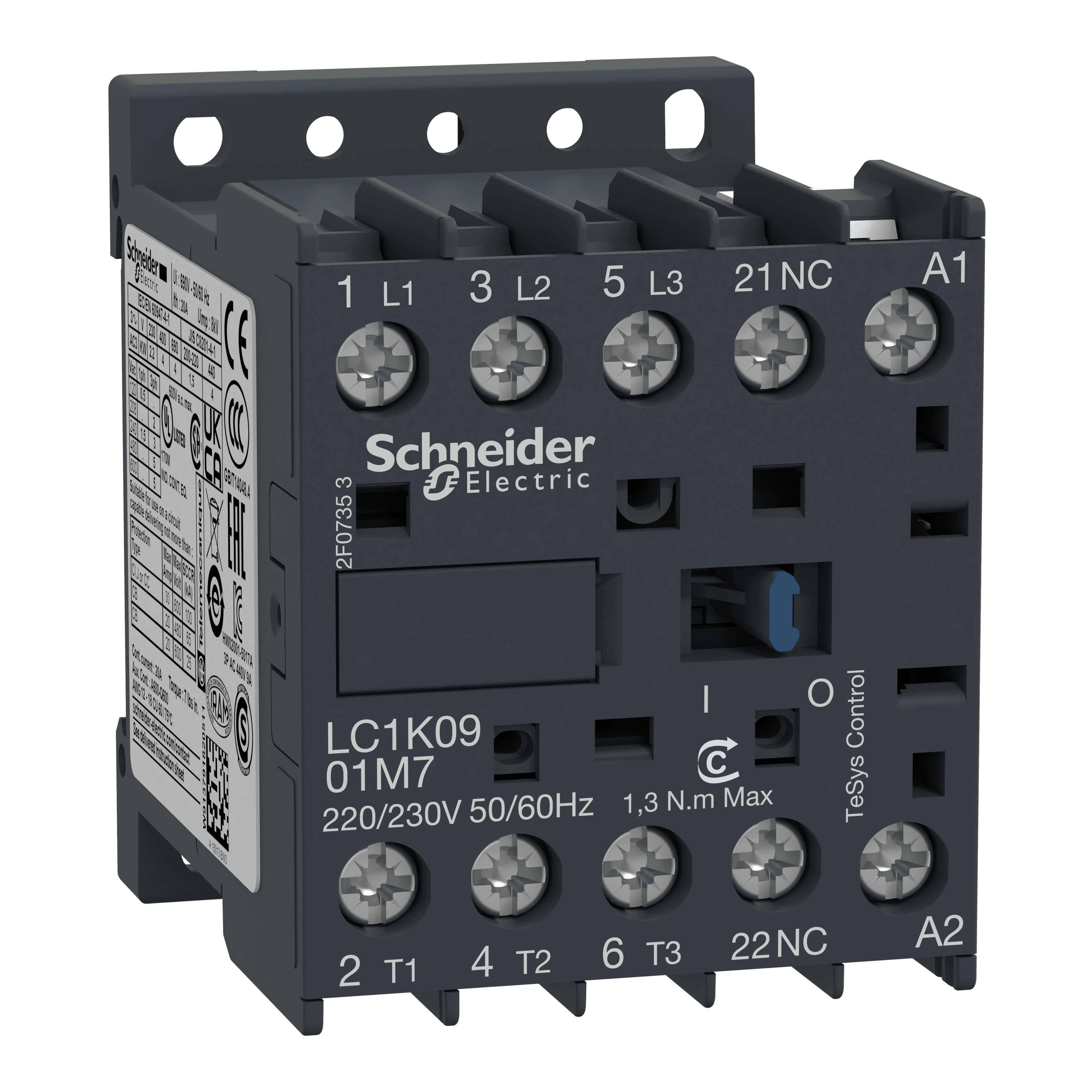 كونتاكتور، TeSys K، 3P، AC-3/AC-3e، 440V 9A، 1NC aux، ملف 220...230V AC