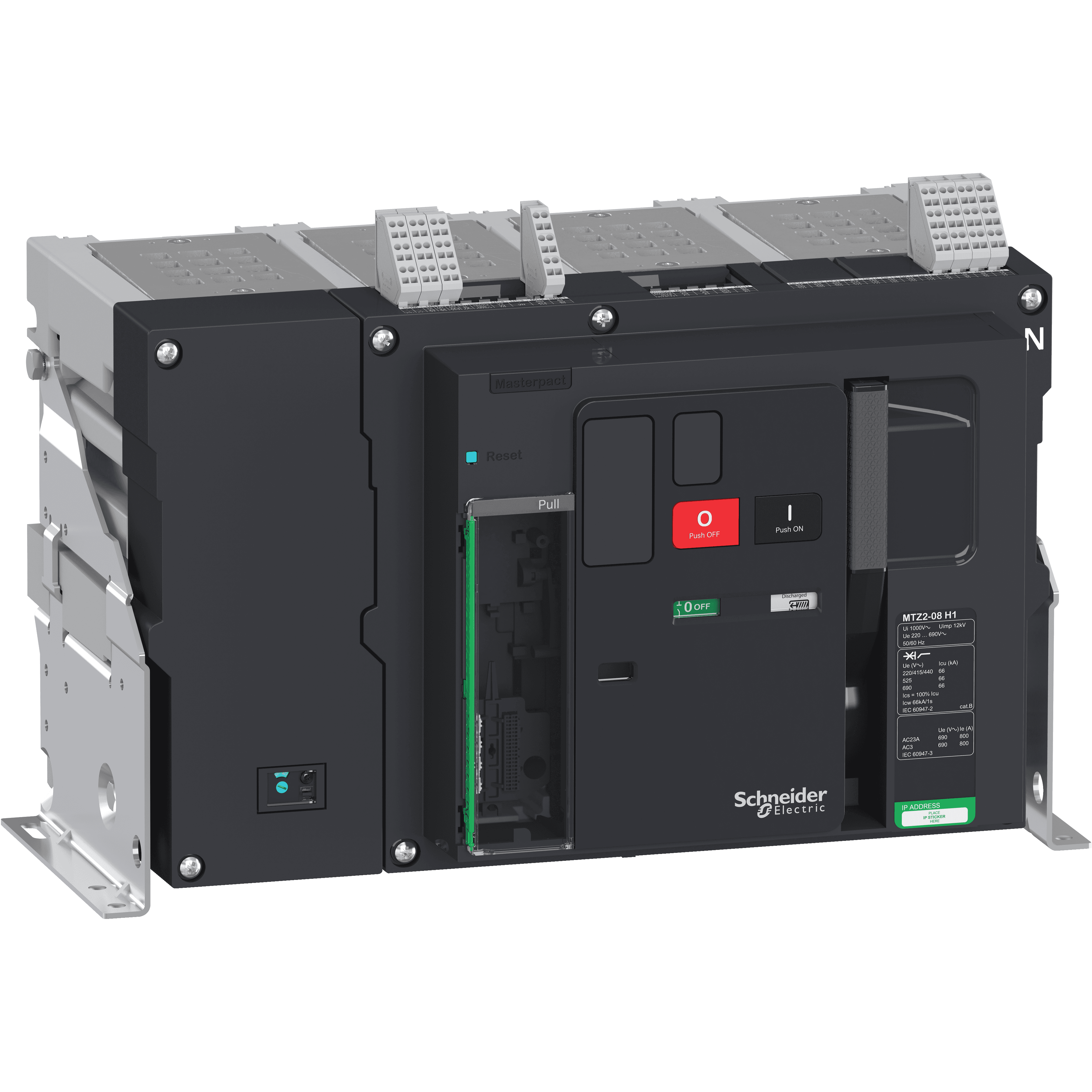 هيكل قاطع دائرة، MasterPact MTZ2 08H1 ثابت لـ MicroLogic X، 800A، 66kA/415VAC (Icu)، 4P محايد يمين