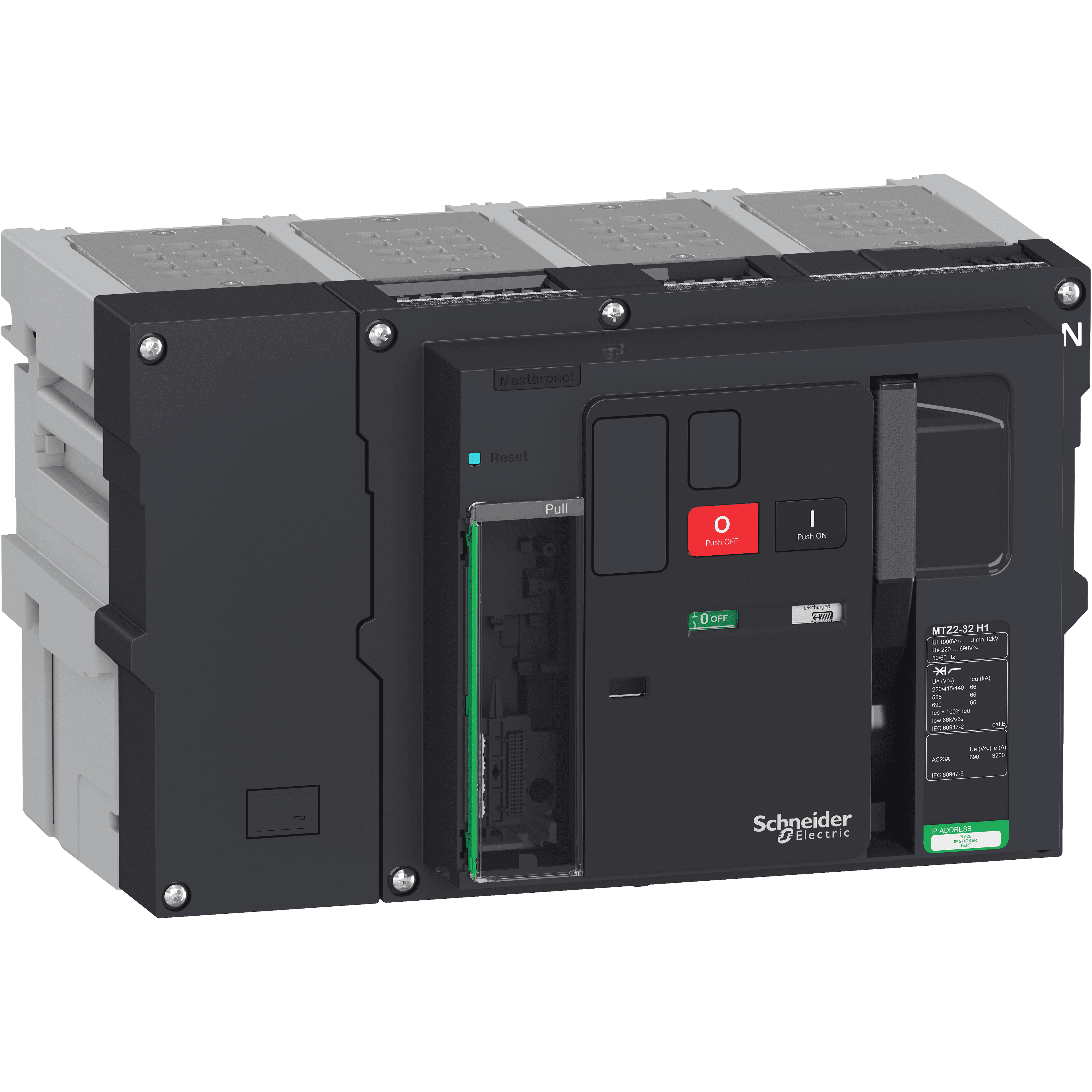 هيكل قاطع دائرة، MasterPact MTZ2 16H1 قابل للسحب لـ MicroLogic X، 1600A، 66kA/415VAC (Icu)، 4P محايد يمين