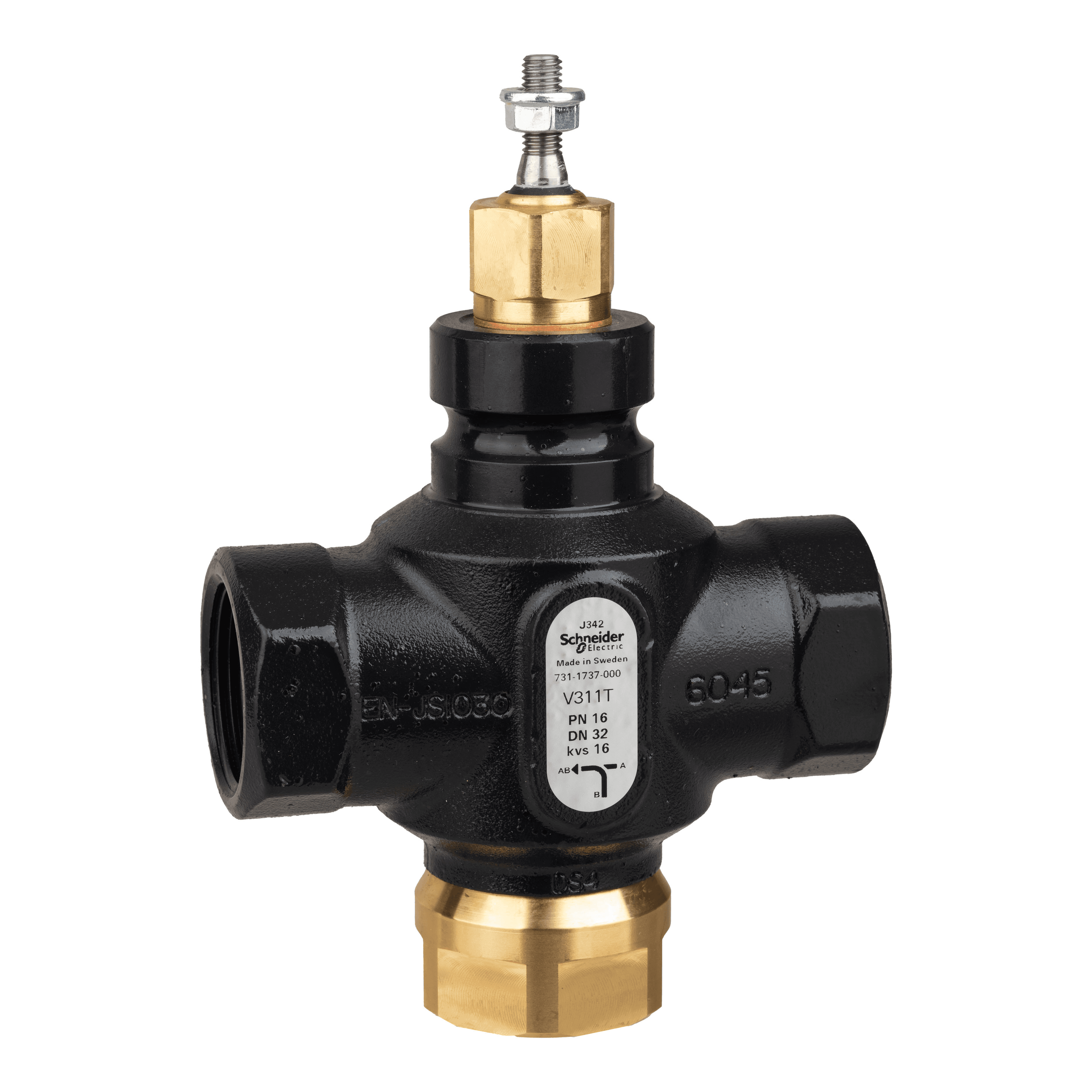 Venta V311T Globe Valve, 3-Way, PN16, Rp 1 1/4 Internal Thread, DN32, 16 Kvs, Nodular Iron, Brass plug.