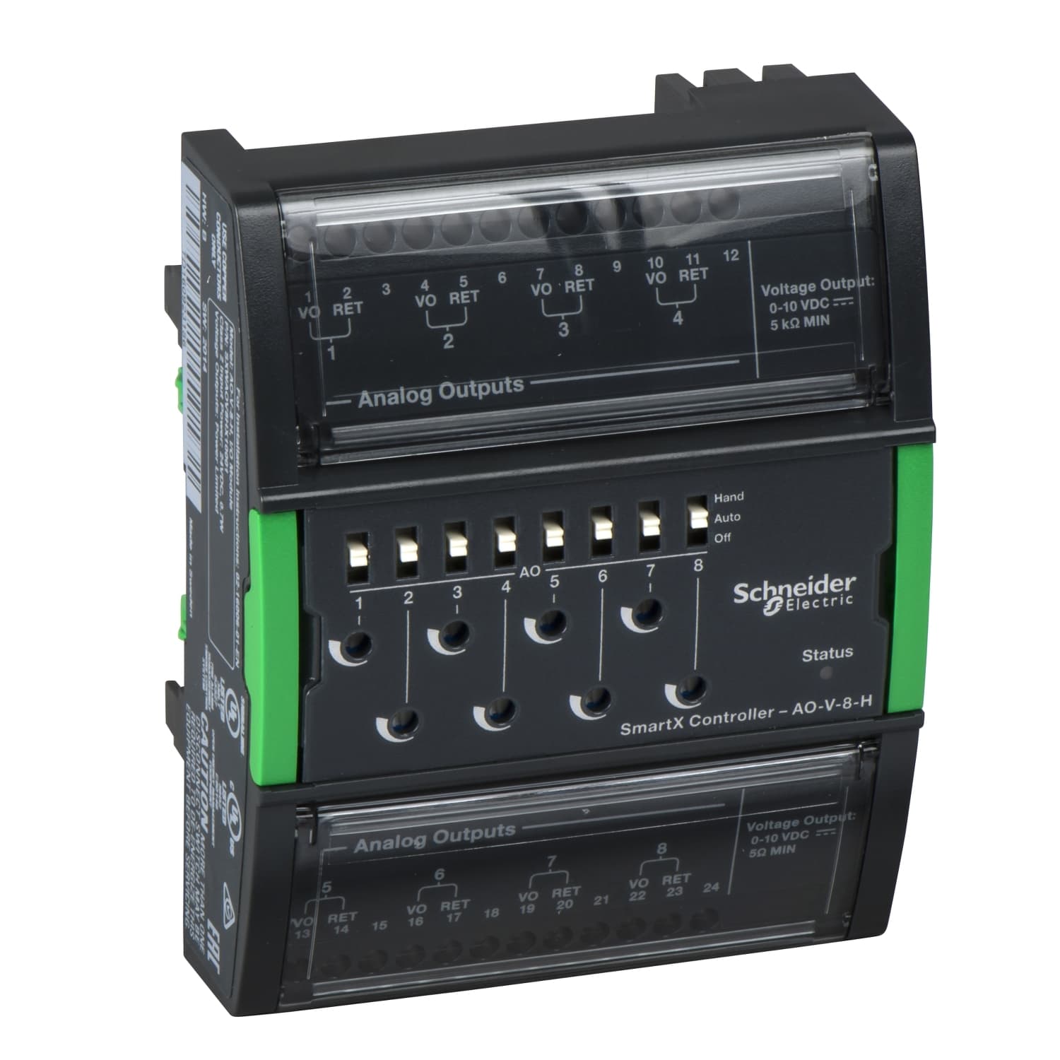 Central I/O module, SpaceLogic, 8 analog voltage/current outputs, hand control/override switches